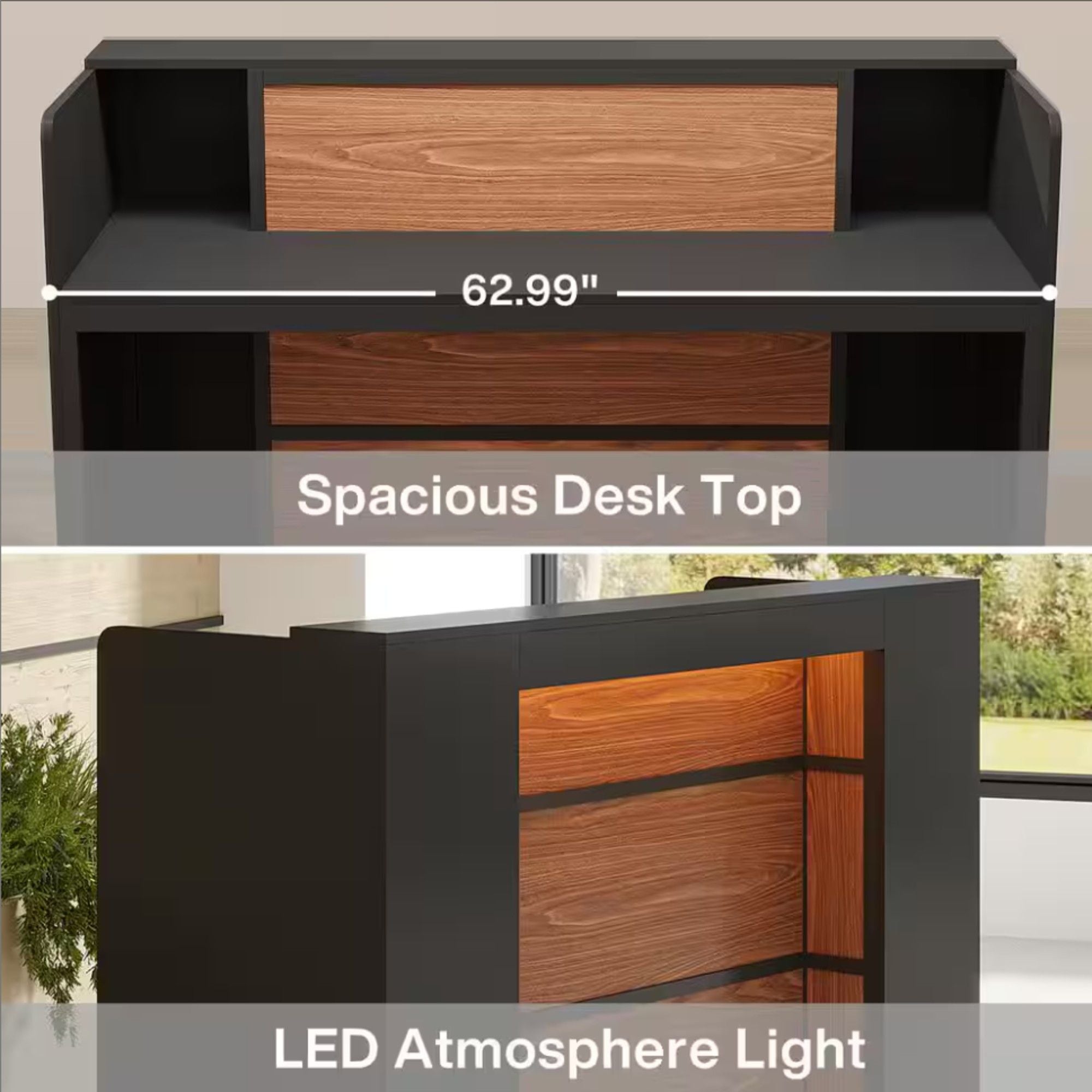 Reception Desk With LED Lights For Office Lobby - Black