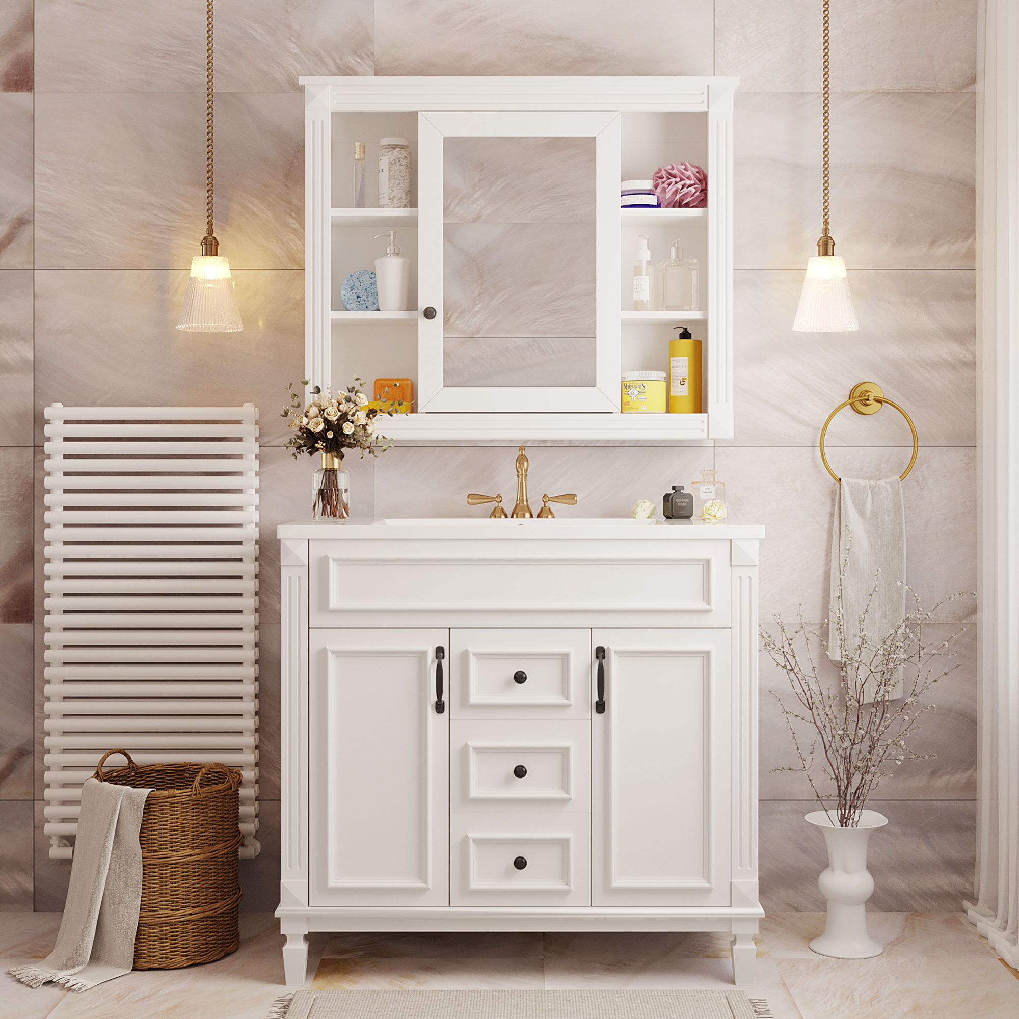 Bathroom Vanity With Top Sink, Mirror Cabinet, 2 Soft Closing Doors & 2 Drawers