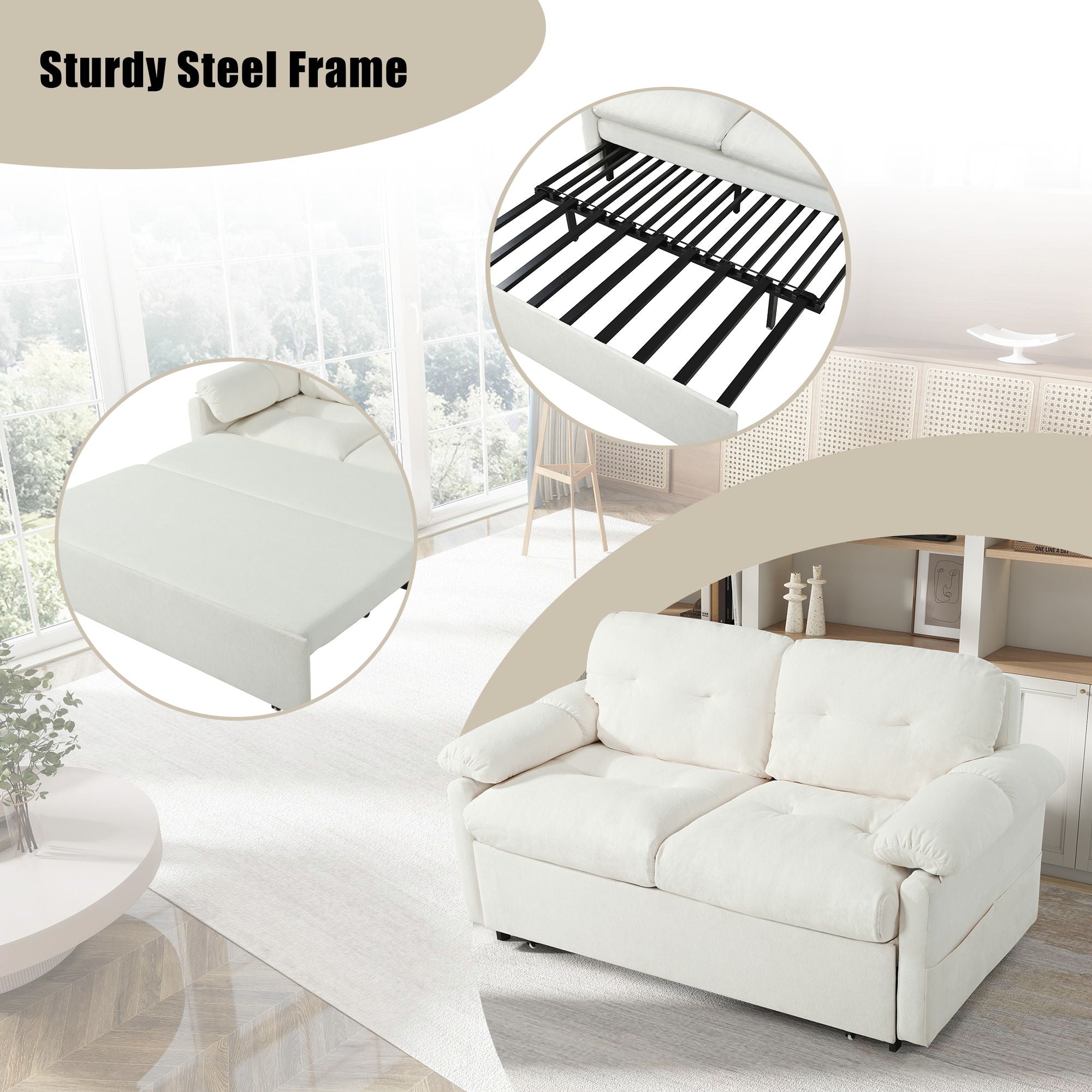 Convertible Pull Out Sofa Bed Queen Size, 3 In 1 With Side Storage