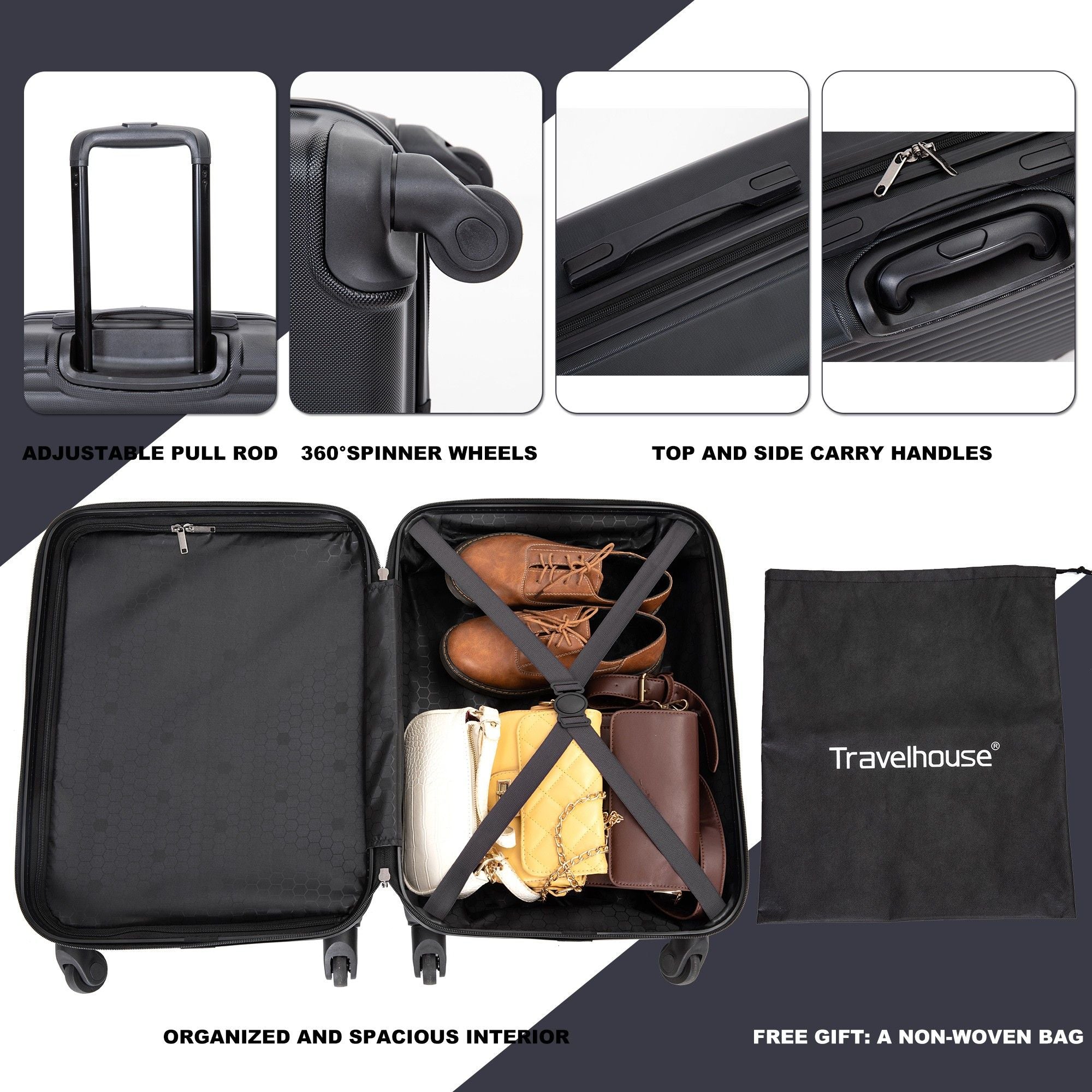 3 Piece Luggage Sets Lightweight Suitcase With Two Hooks, Spinner Wheels, Tsa Lock