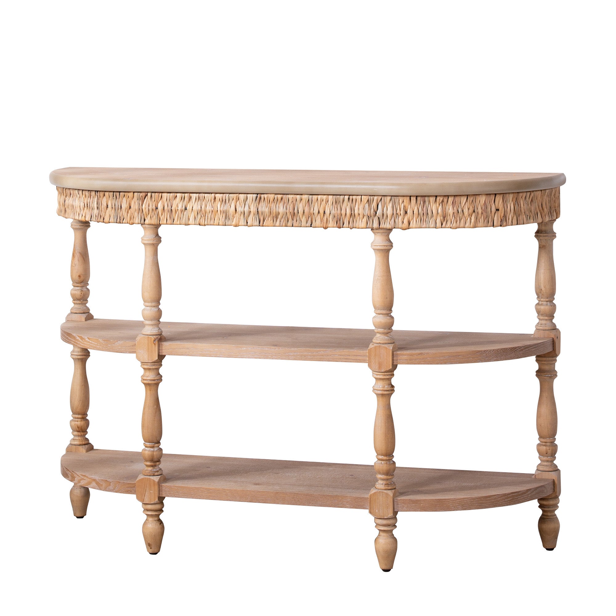 Handcrafted Wood Console Table with Hand-Woven Trim, 3-Tier Storage Shelves, Oval Entryway Table with Carved Legs, Rustic Coastal Farmhouse Accent Table, 49' Hallway Sofa Table