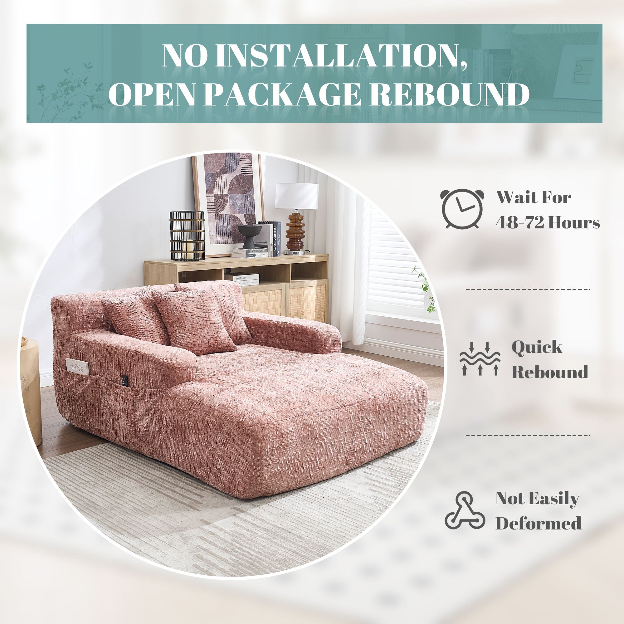 Chenille Interior Lazy Sofa Chaise Longue Armchair With 3 Pillows And Armrests