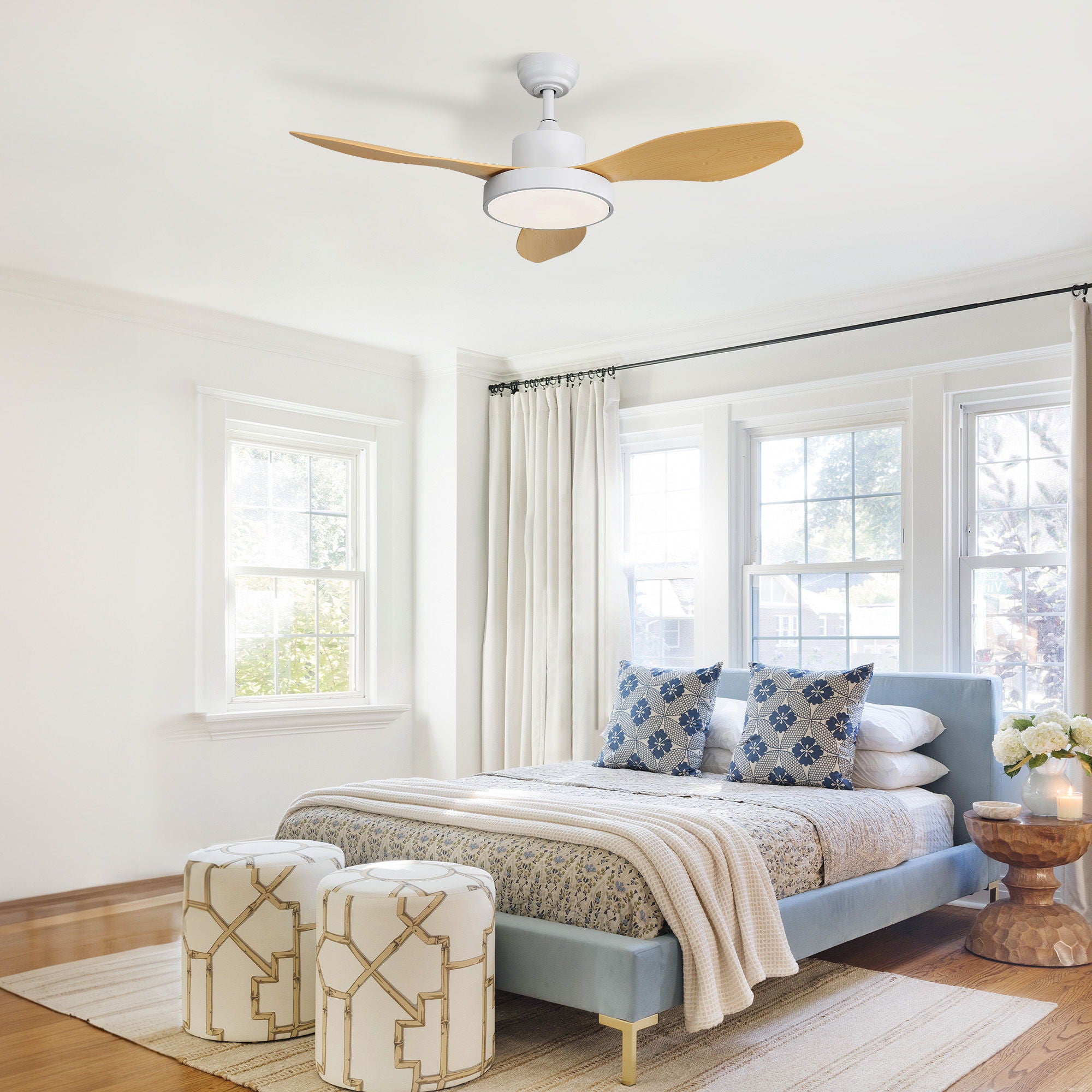 Ceiling Fan With 22W LED Light And Remote Control 6 Speeds Reversible DC Motor For Living Room - White