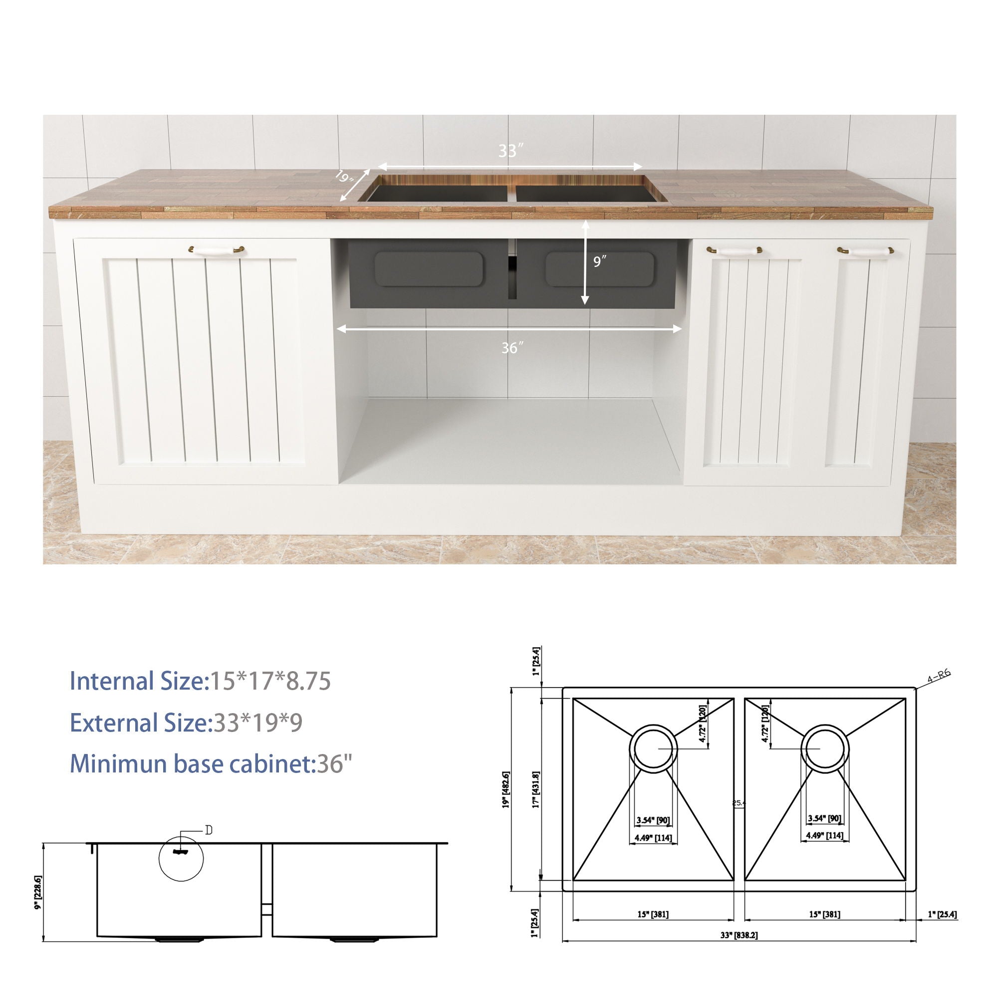 Undermount Double Bowl Kitchen Sink 16 Gauge With 9" Deep Basin - Brushed Nickel