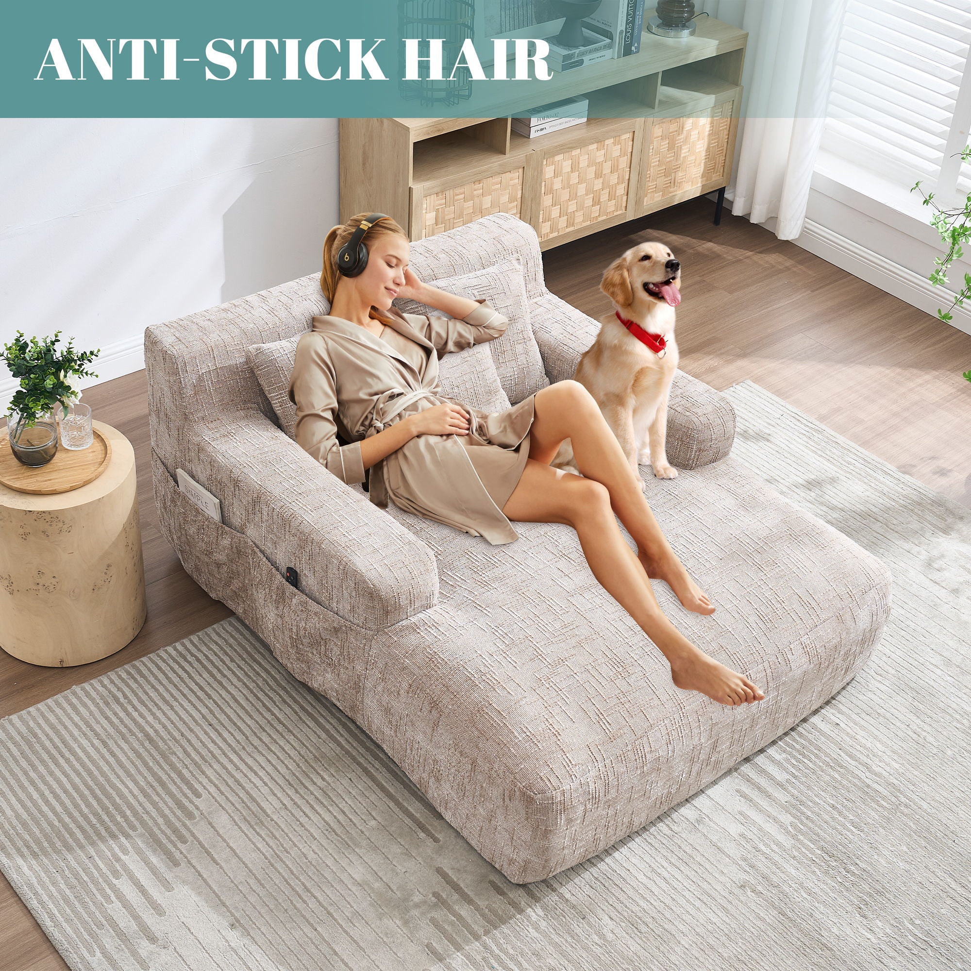 Chenille Interior Lazy Sofa Chaise Longue Armchair With 3 Pillows And Armrests