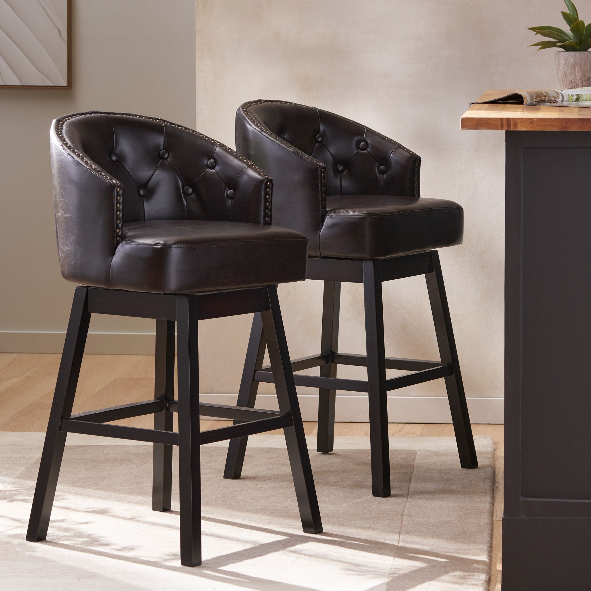 Mellifluous - 360 Degree Swivel Bar Stool With Stunning Nailhead Trim, (Set of 2)