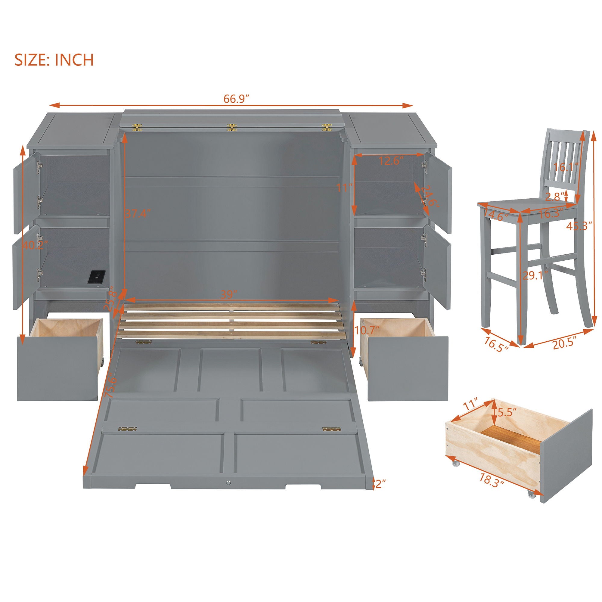 Murphy Bed With Drawers, Cabinets, And USB Ports