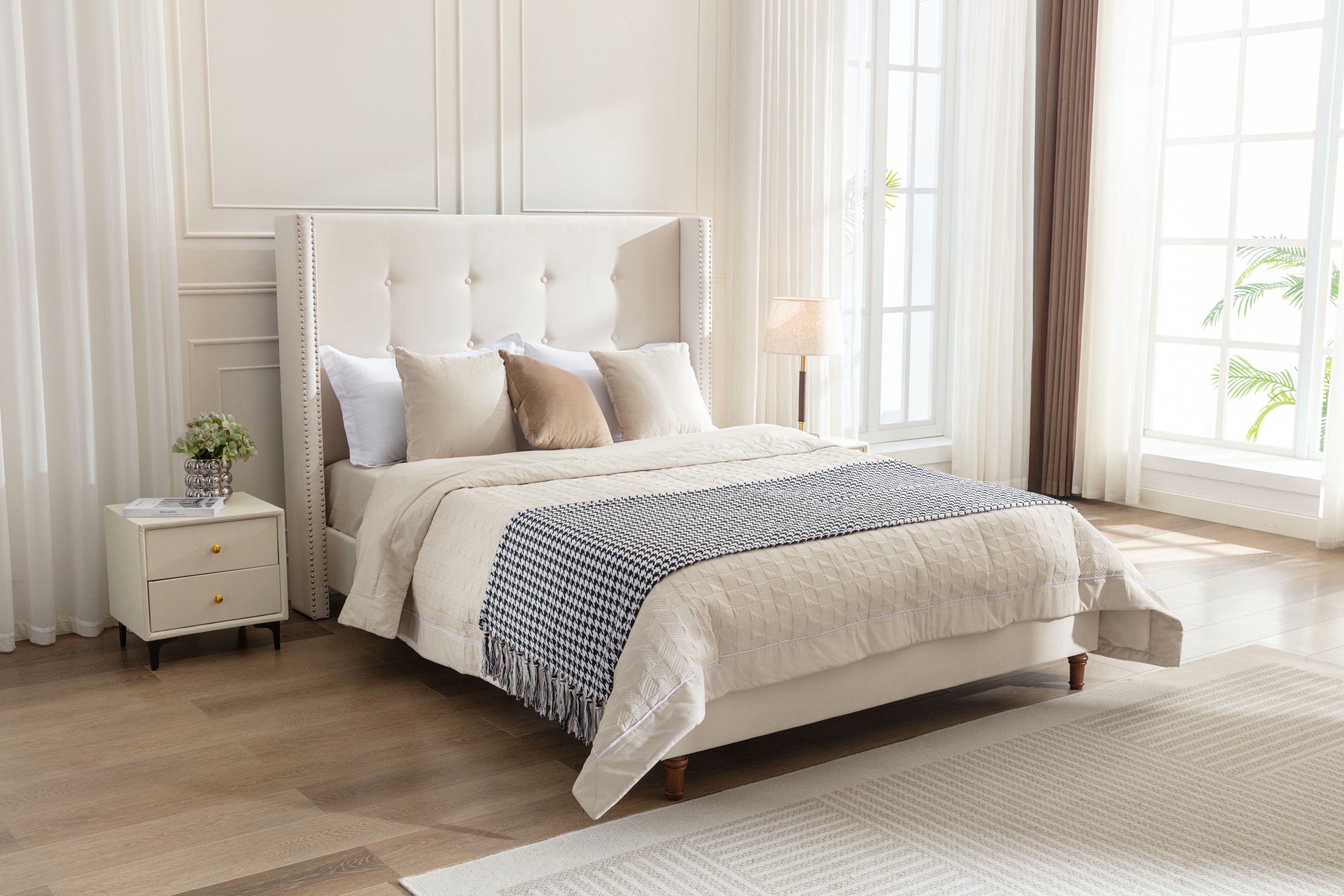 Luxury Wingback Upholstered Bed Frame – King or Queen Sizes, Ivory or Navy Fabric