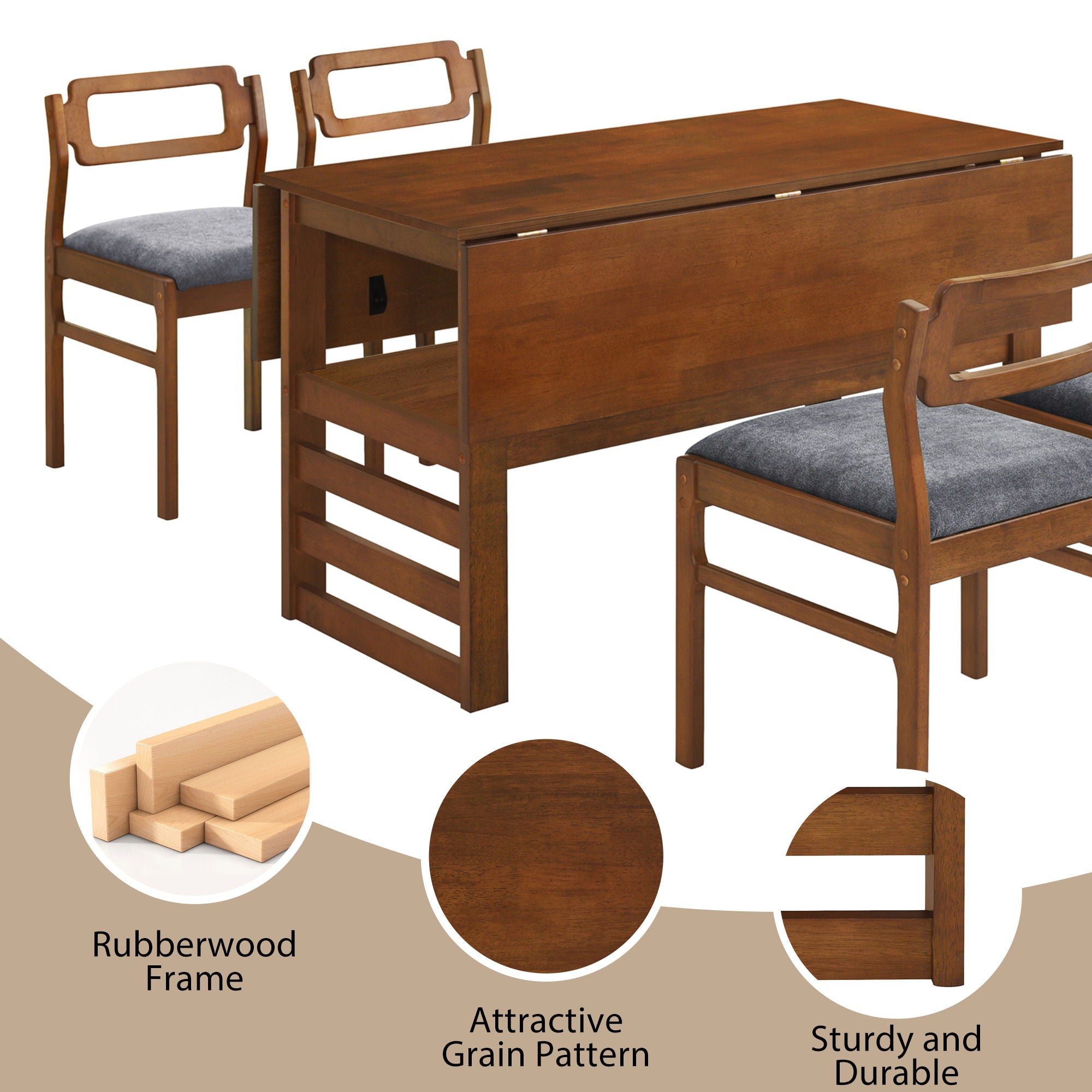 5 Piece Extendable Wood Square Dining Table Set With 2 Drop Leaves