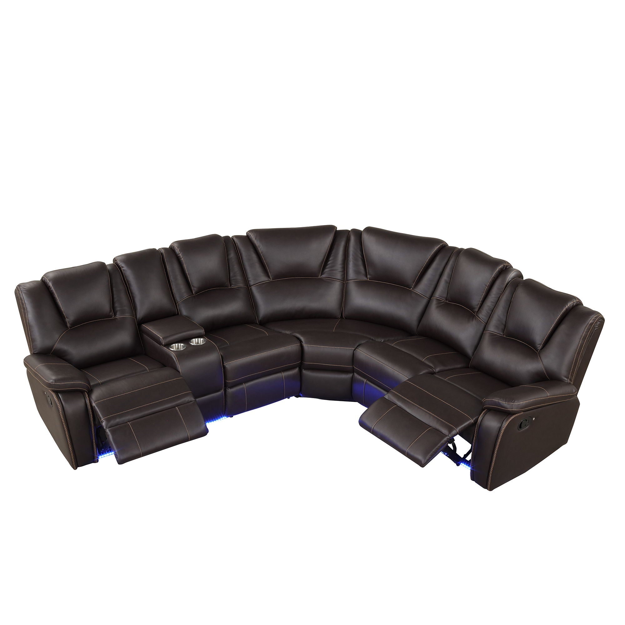 Modern Faux Leather Manual Reclining With Center Console And LED Light Strip, Living Room Furniture Set, PU Symmetrical Couch With 2 Cup Holders And Storage For Living Room