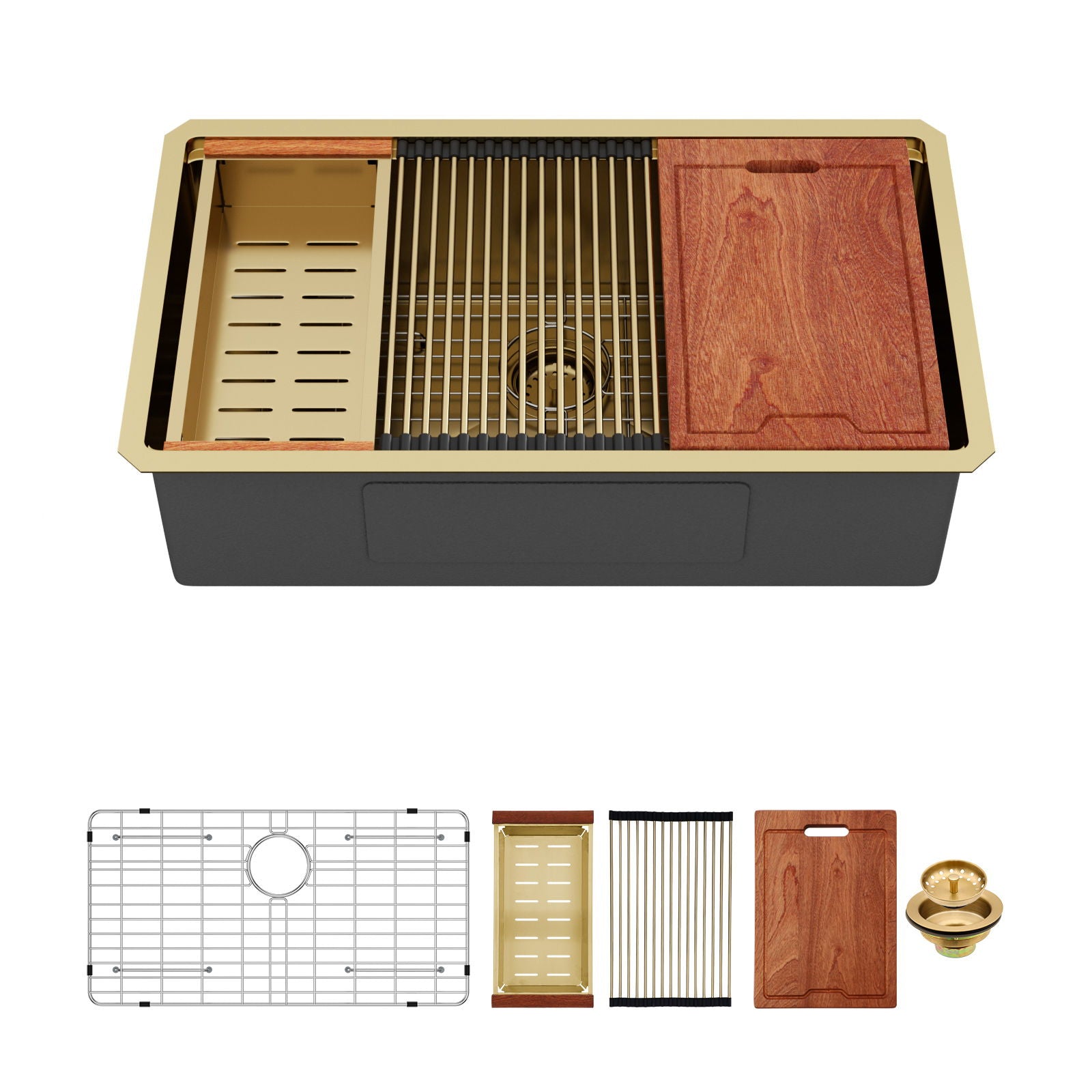 Undermount Kitchen Sink 36 X 19 X 9", 16 Gauge Deep Workstation Sink With Cutting Board And Accessories - Gold