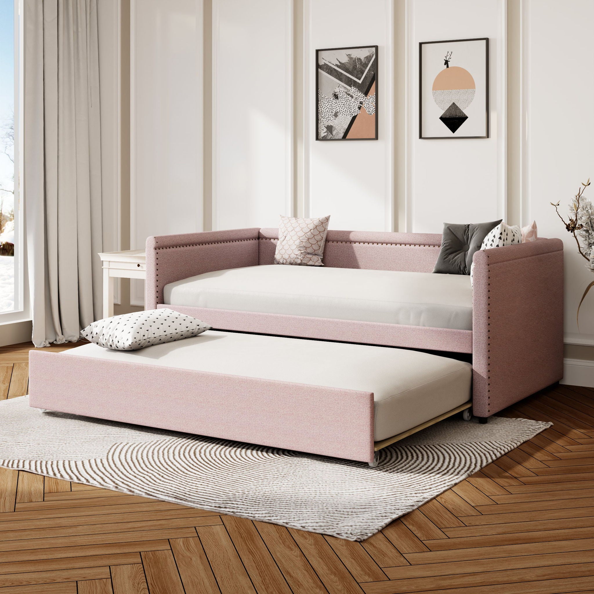 Modern Style Upholstered Daybed With Trundle For Guest Room, Small Bedroom