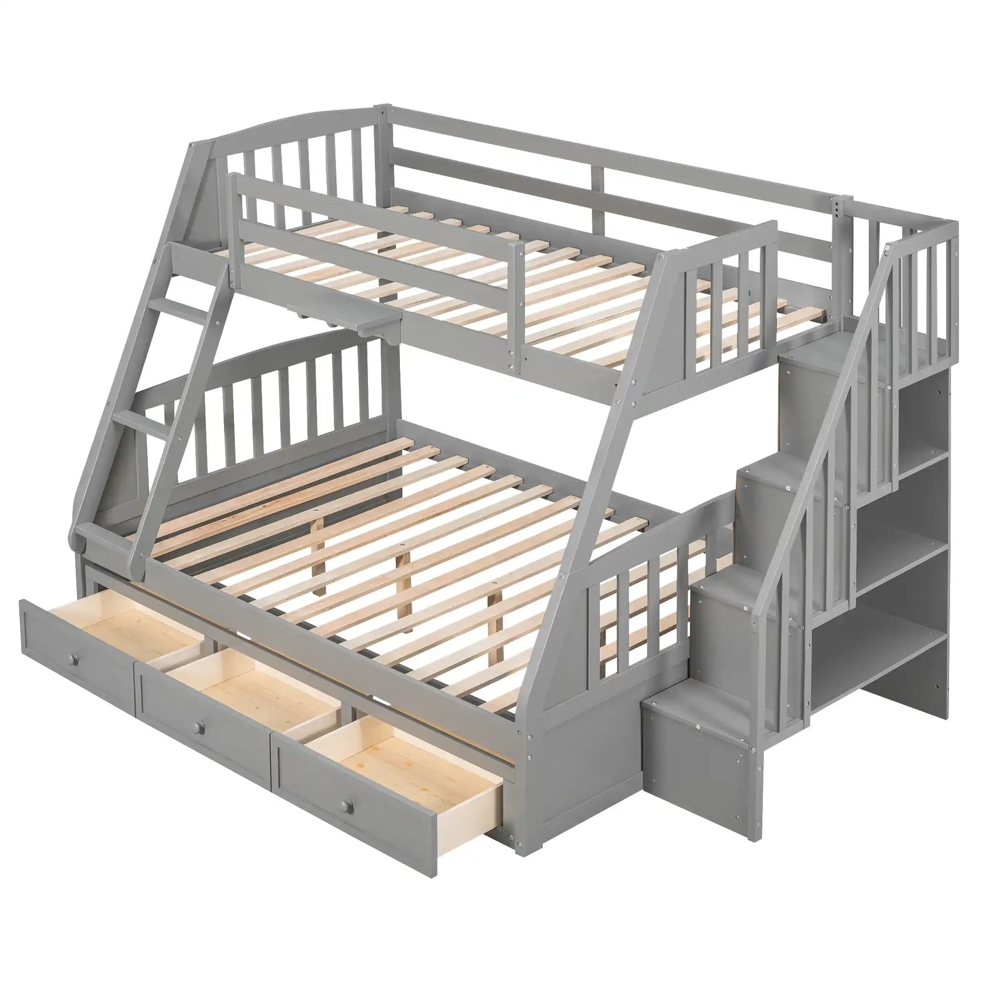 Twin-Over-Full Bunk Bed with Drawers，Ladder and Storage Staircase, Gray - Best Buy Furniture
