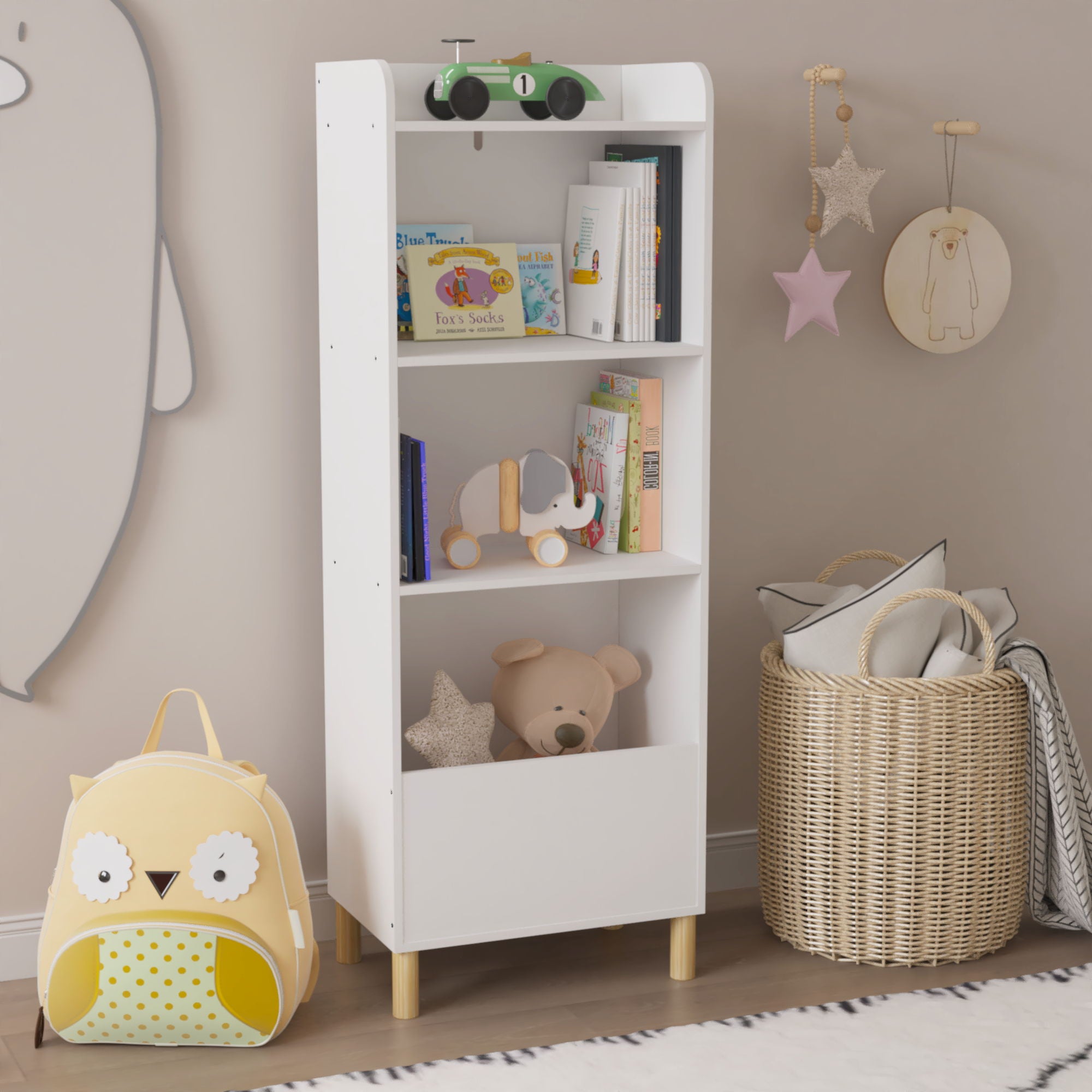 4 Tier Bookcase, Book Display With Safety Restraint, Storage Cabinet For Playroom - White