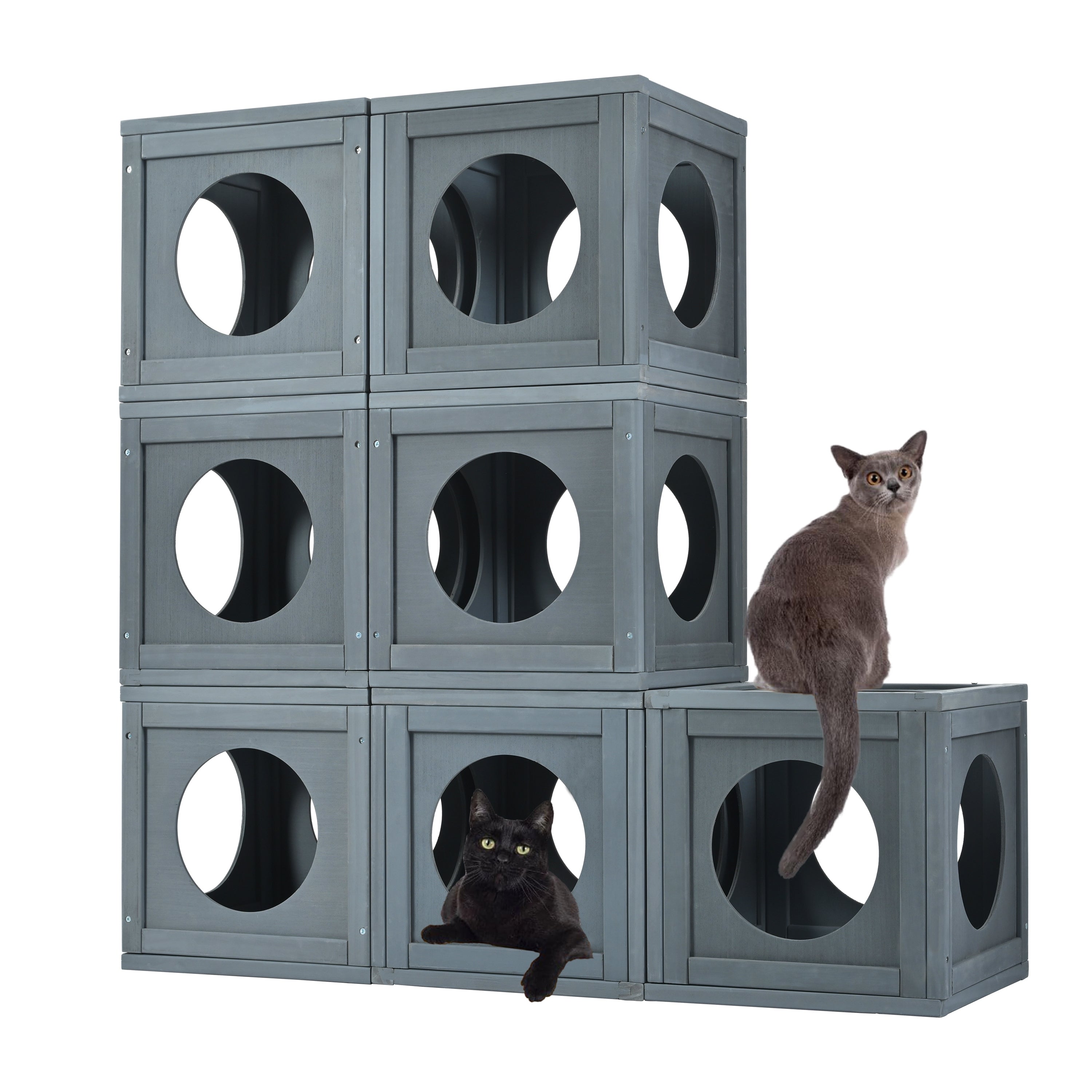 Grey Pine Wood Outdoor Cat House with Shelves and Weather Protection