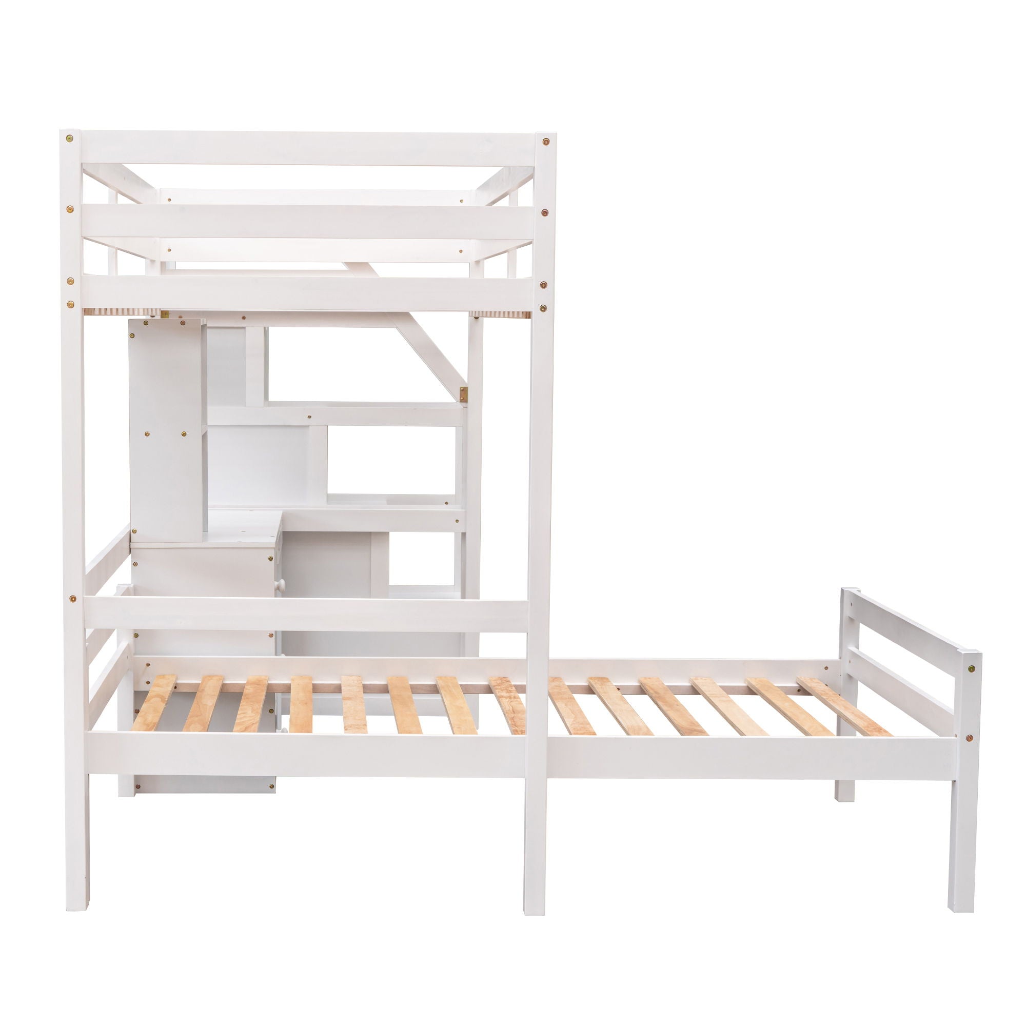 Loft Bed With Stand Alone Bed, Storage Staircase, Desk, Shelves, And Drawers