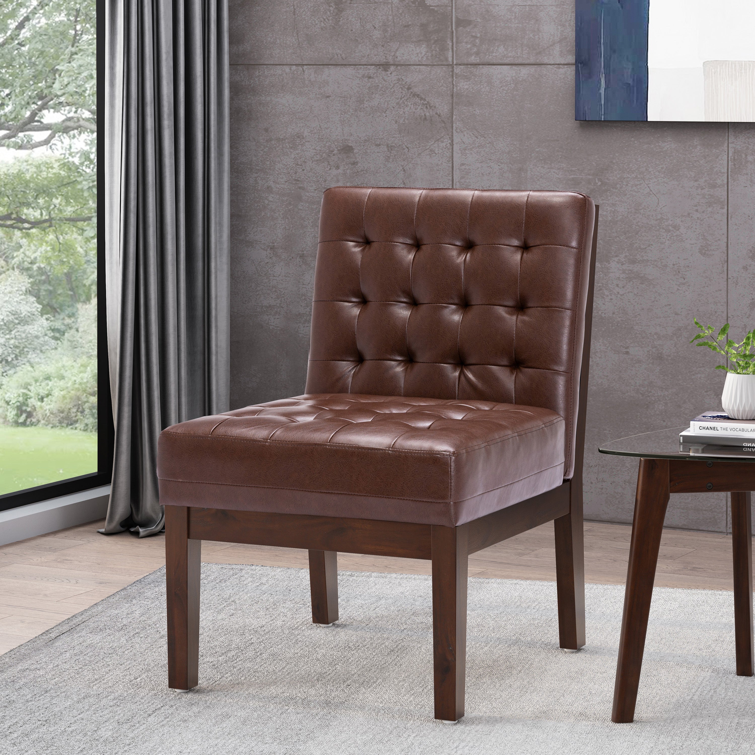 Contemporary Dark Brown Accent Chair with Tufted Waffle Stitch and PU Upholstery