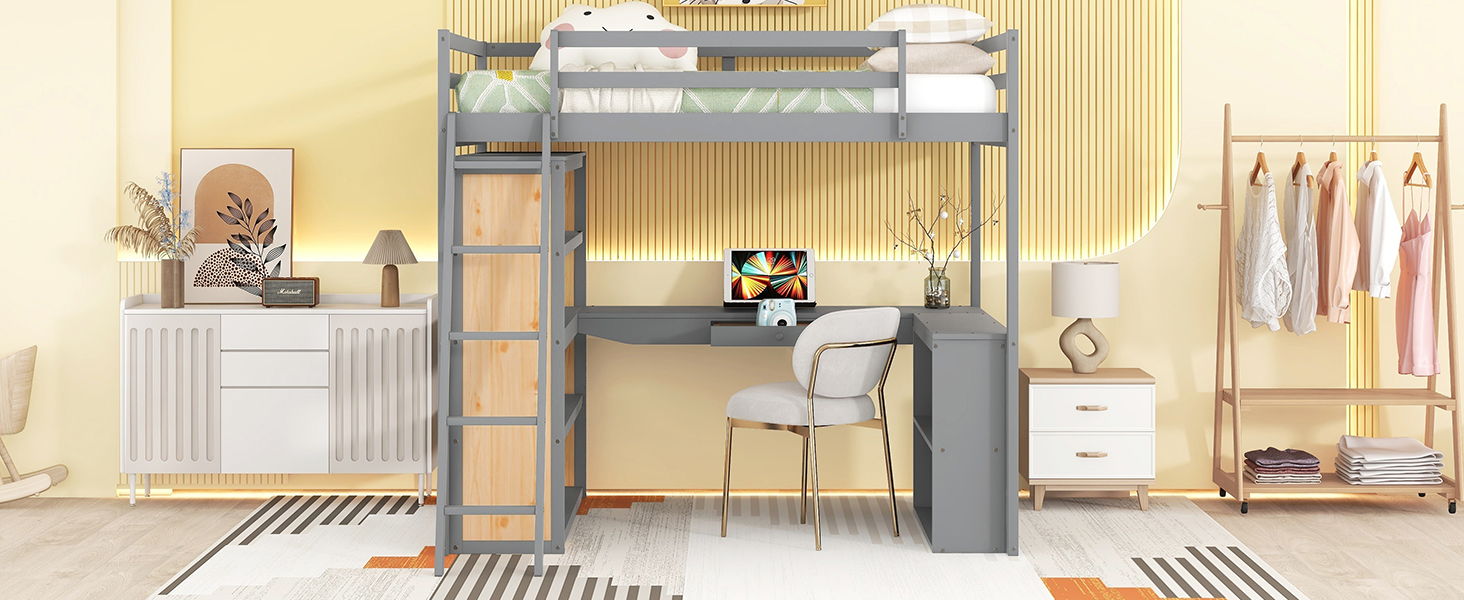 Loft Bed With Ladder, Shelves, And Desk