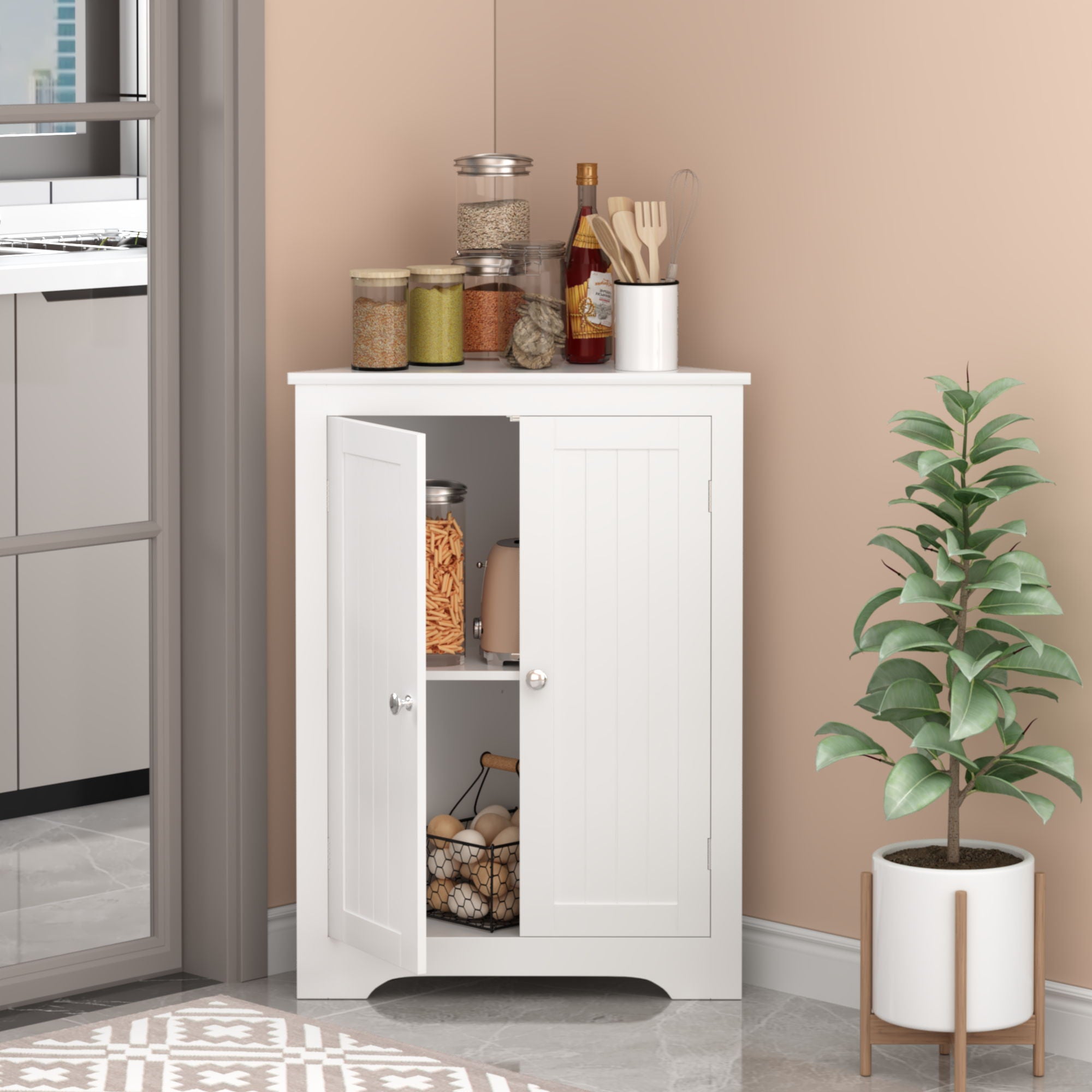 Corner Cabinet With 2 Doors And Adjustable Shelves, Freestanding Narrow Storage Organizer For Bathroom - White