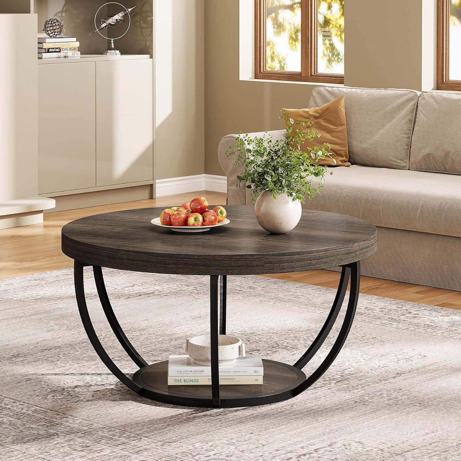 2 Tier Circle Coffee Table With Storage Shelves