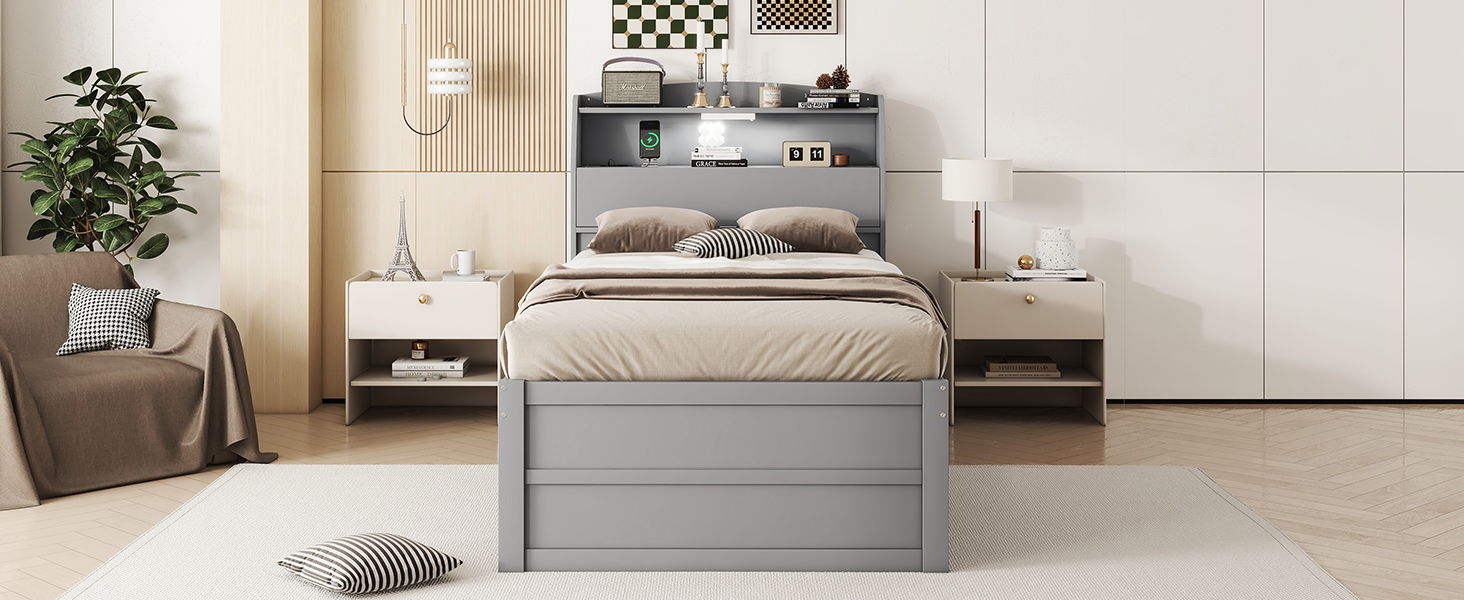 LED Platform Bed With Trundle With Storage Headboard With Drawers