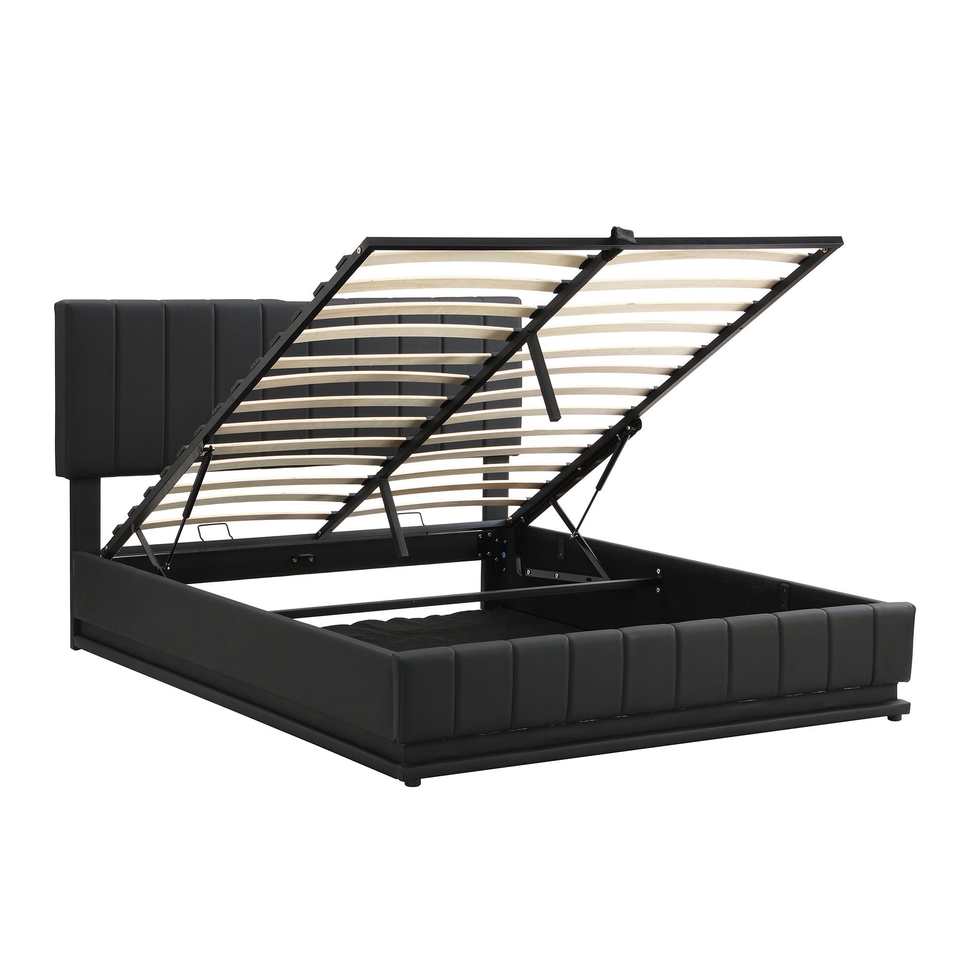 Upholstered Bed With Hydraulic Storage System And LED Light, With Sockets And USB Ports