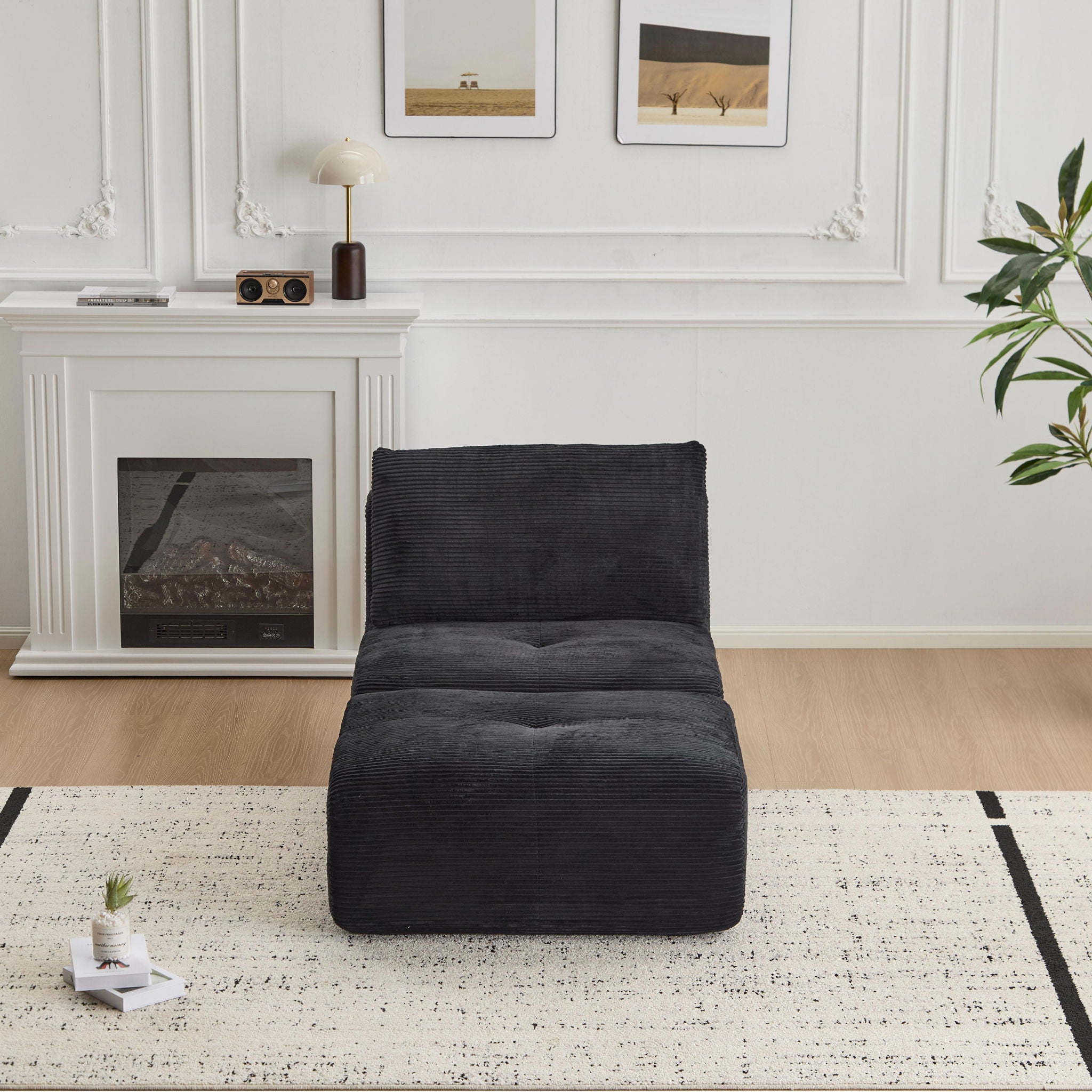 Compressed Sofa, Single Chaise Longue, Movable Ottoman For Living Room - Black