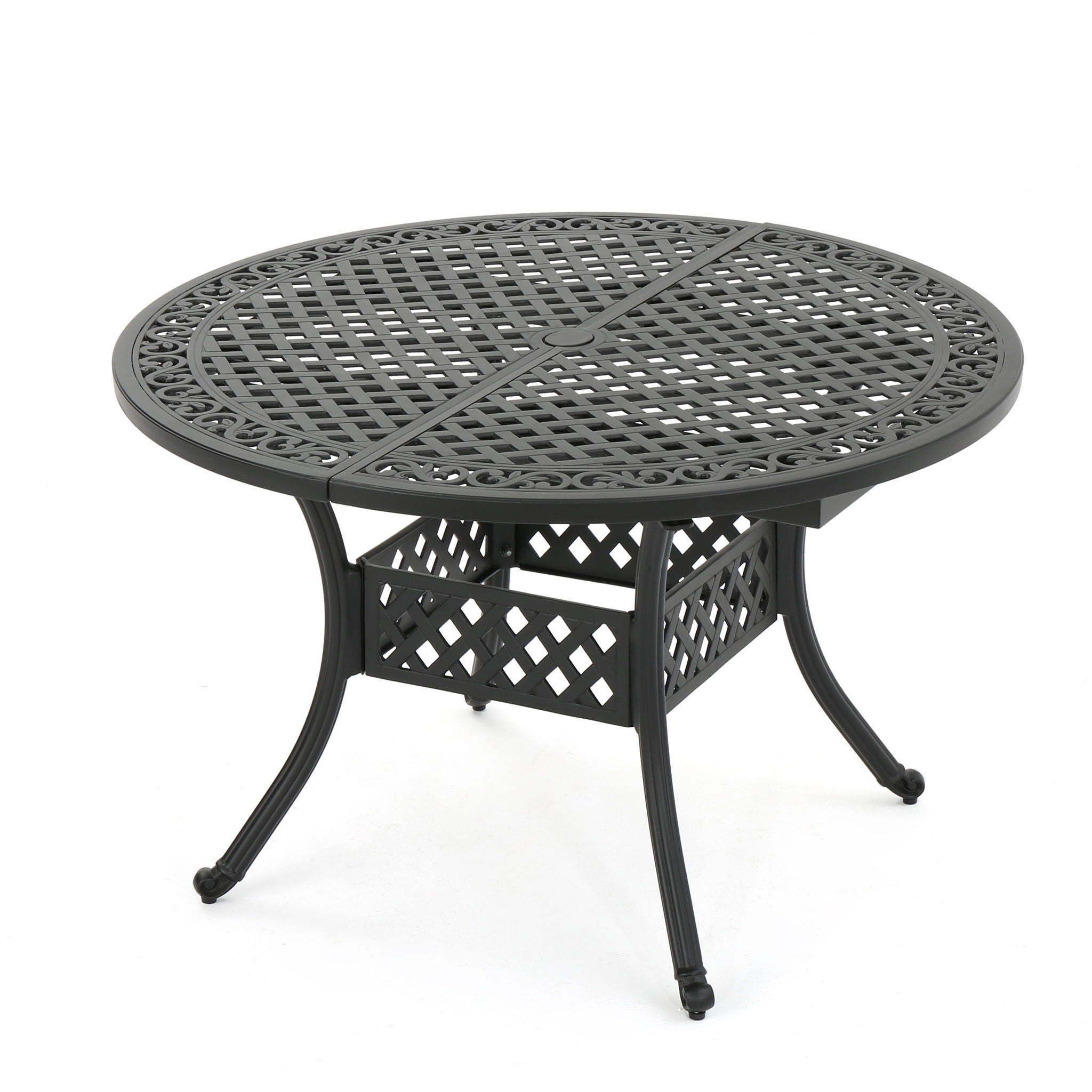 Outdoor Expandable Aluminum Dining Table With Latticework Details And Curvy Legs