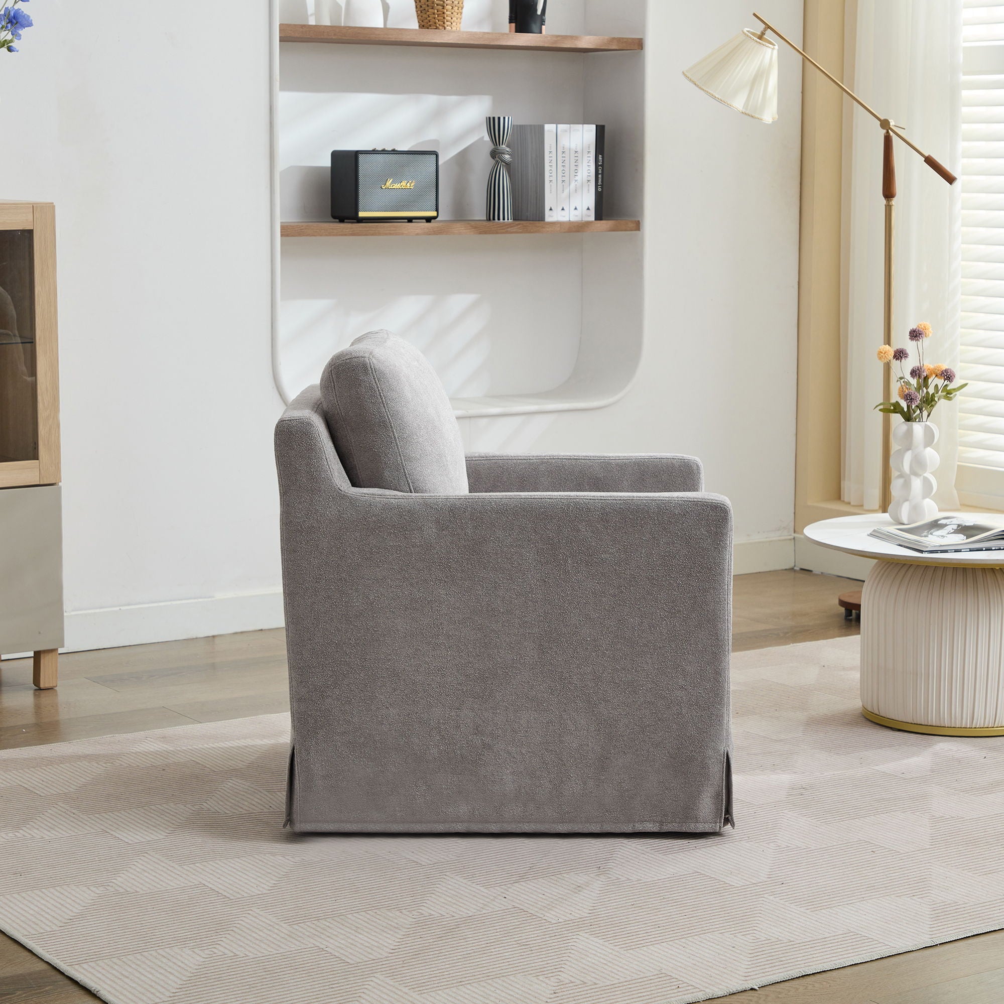 Upholstered Skirted Swivel Chair With Removable Back Cushion For Living Room