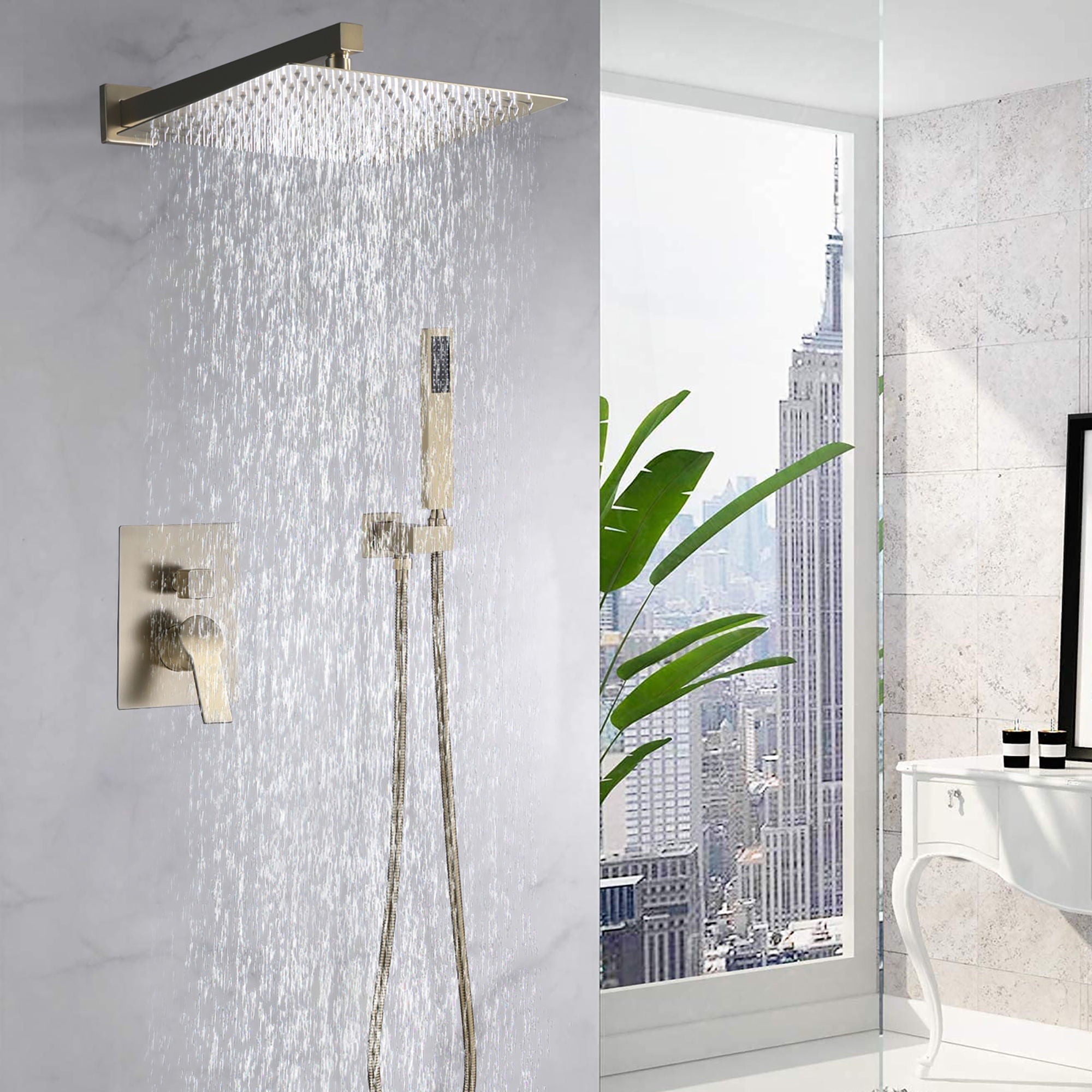 Luxury, 12" Ceiling Mount Shower System With Rain Mixer And Handheld Shower, Stainless Steel - Brushed Gold