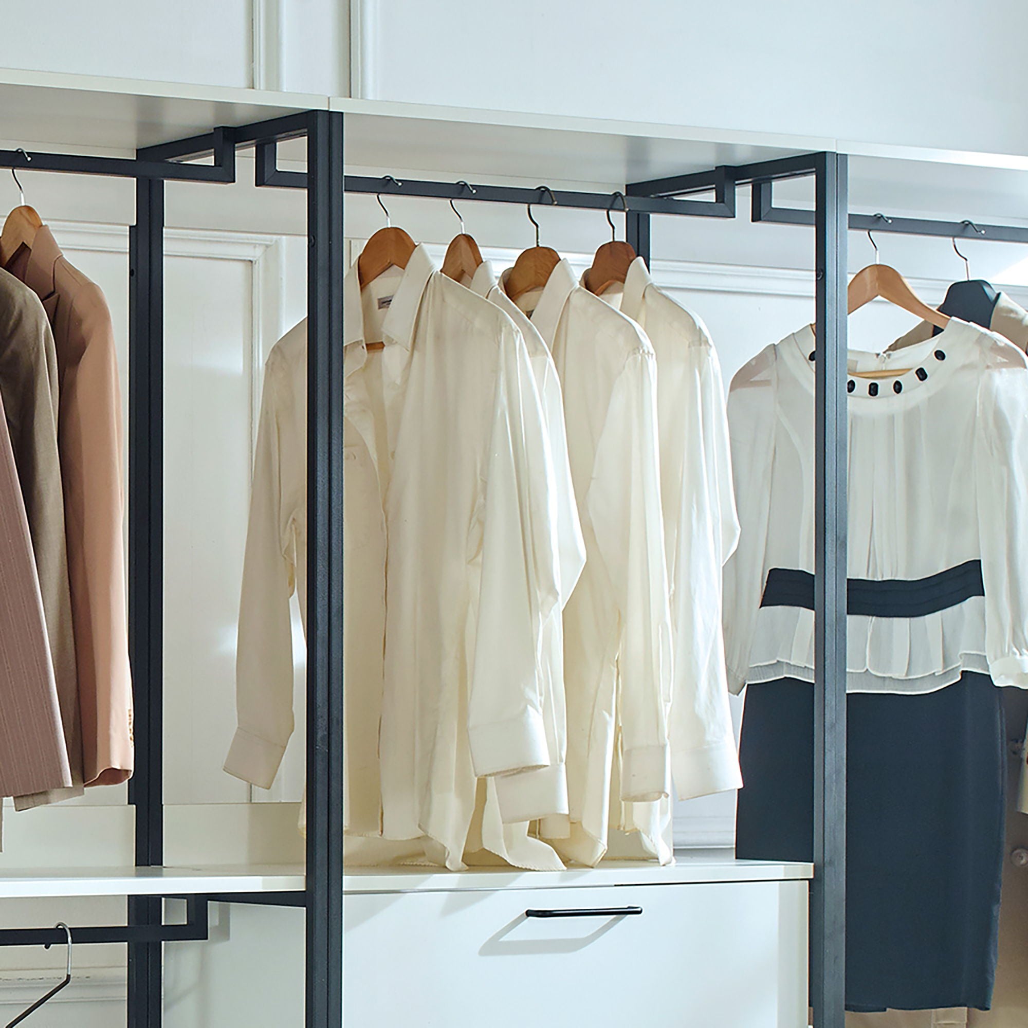 Fiona - Freestanding Walk In Wood Closet System, Metal Frame Melamine - White