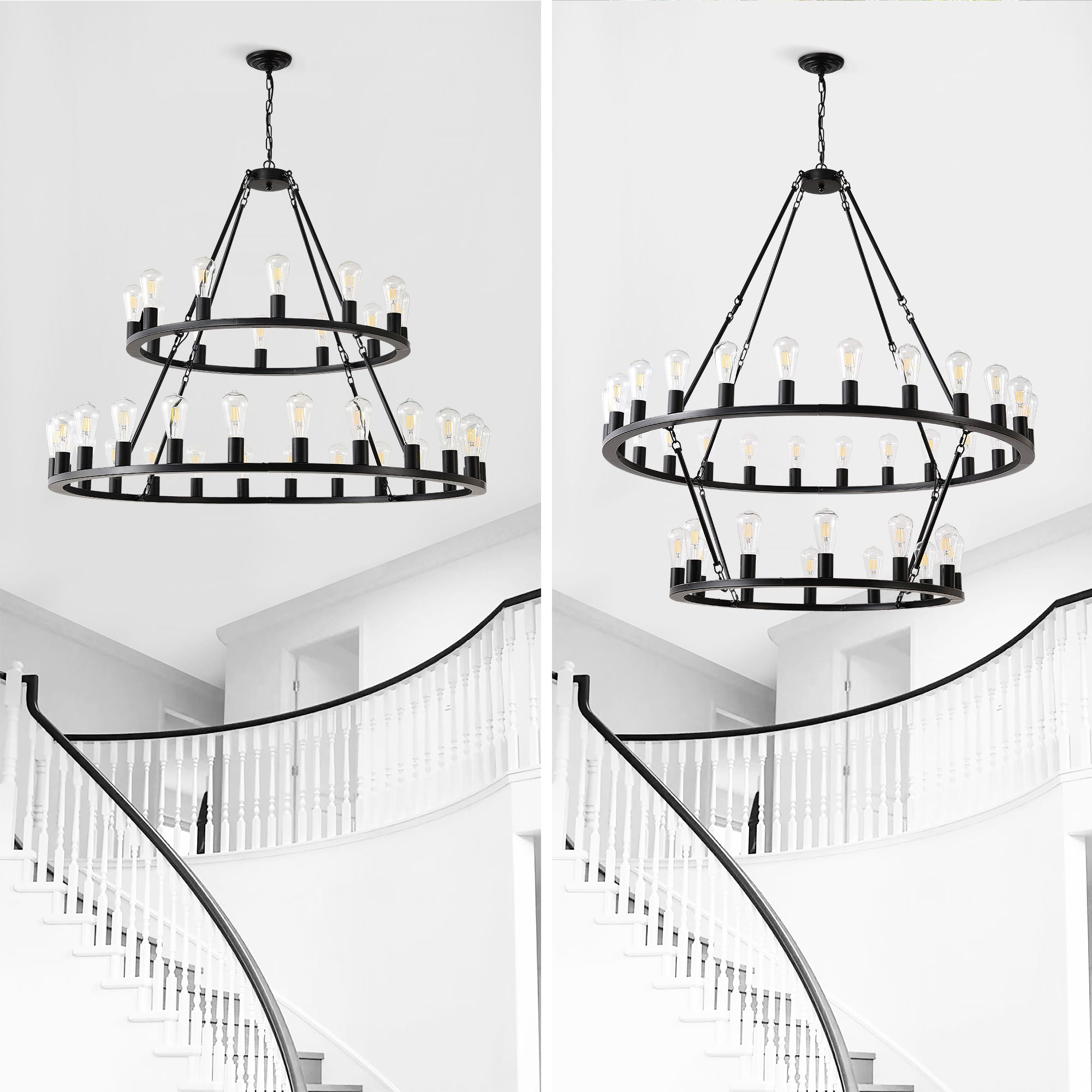Extra Large Wagon Wheel Chandelier, 2 Tier 36 Lights (No Include) Farmhouse Industrial Round High Ceiling Pendant Light Adjustable Chain, For Dining Room, Living Room, Kitchen - Black