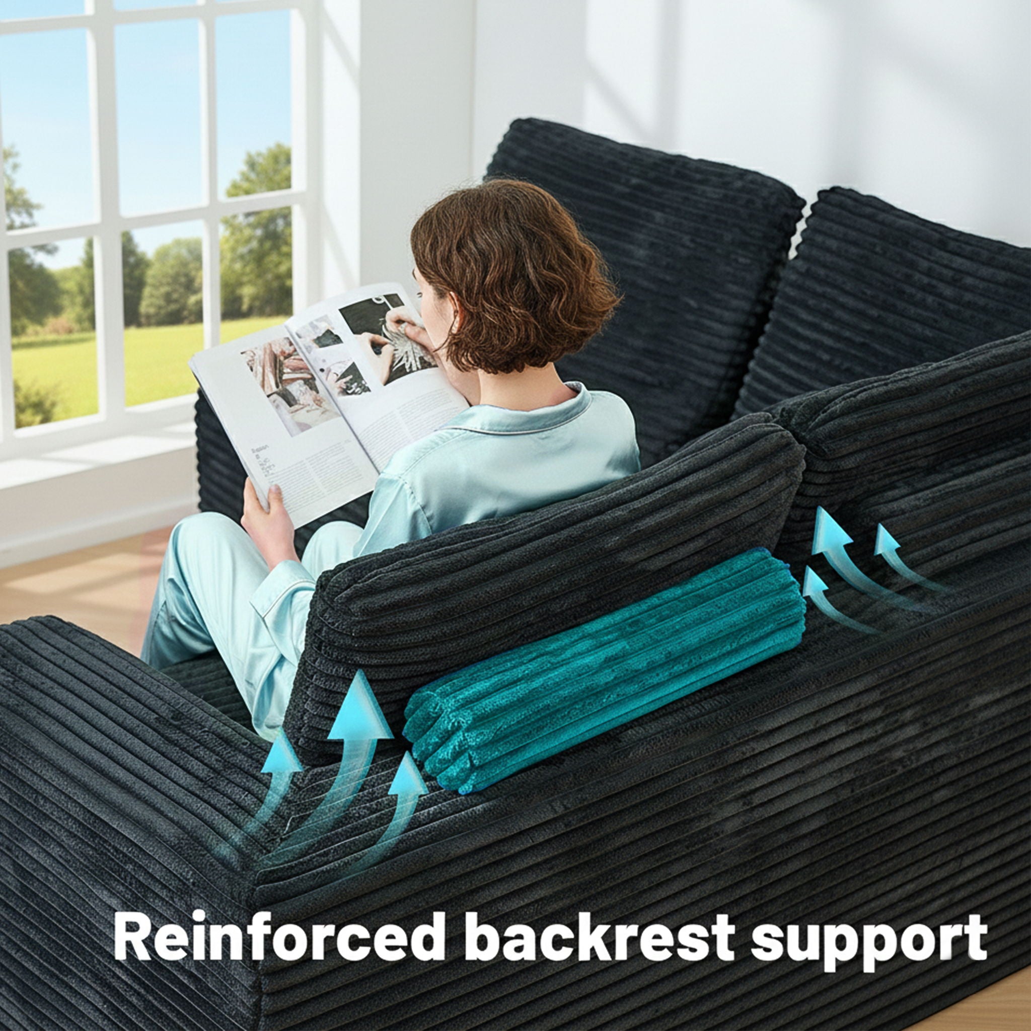 Modular U-Shaped Sectional Sofa, 6 Seater Chaise Lounge With Reversible Design - Black