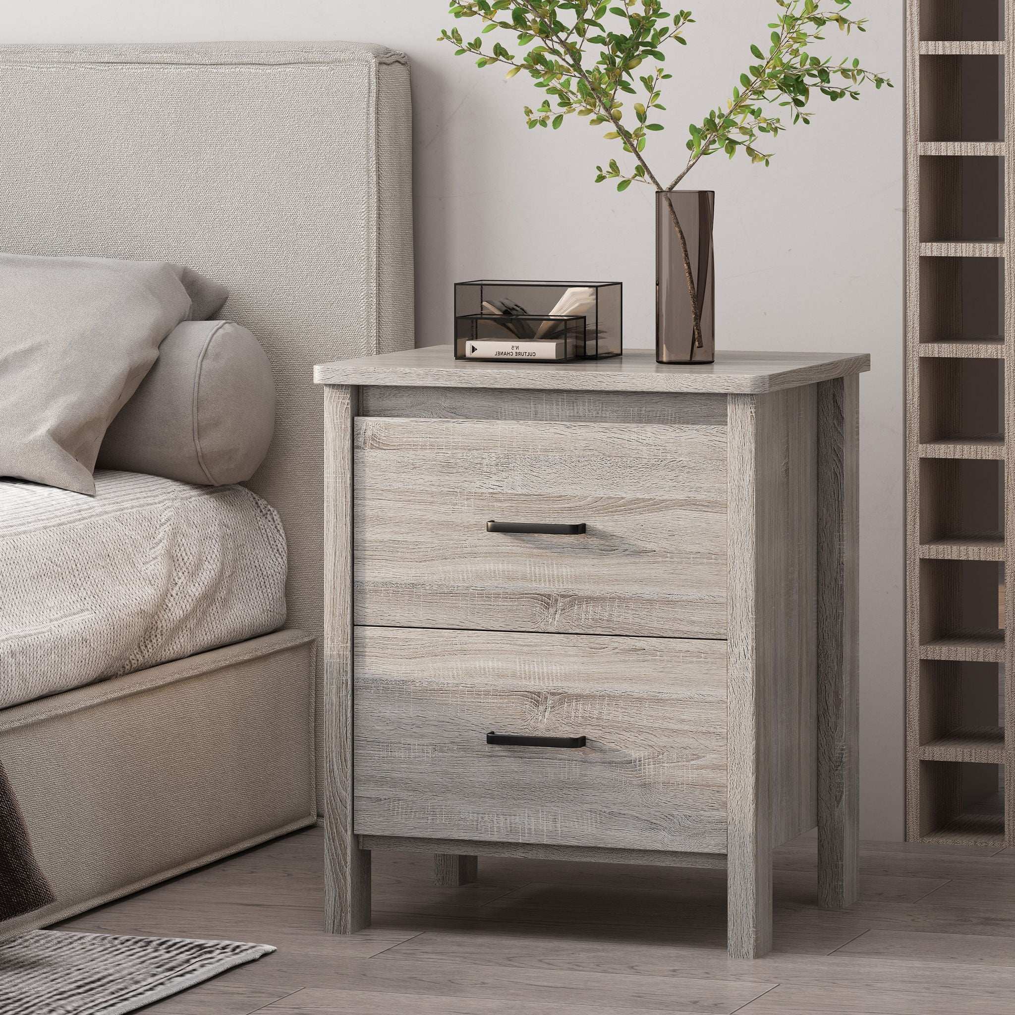 Wood Nightstand With 2 Drawers And Metal Handle - Oak