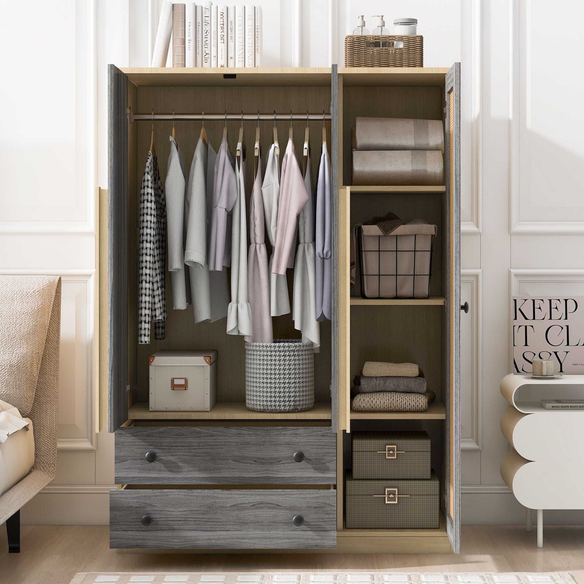3 Doors Rattan Wardrobe Storage For Bedroom, With 2 Drawers