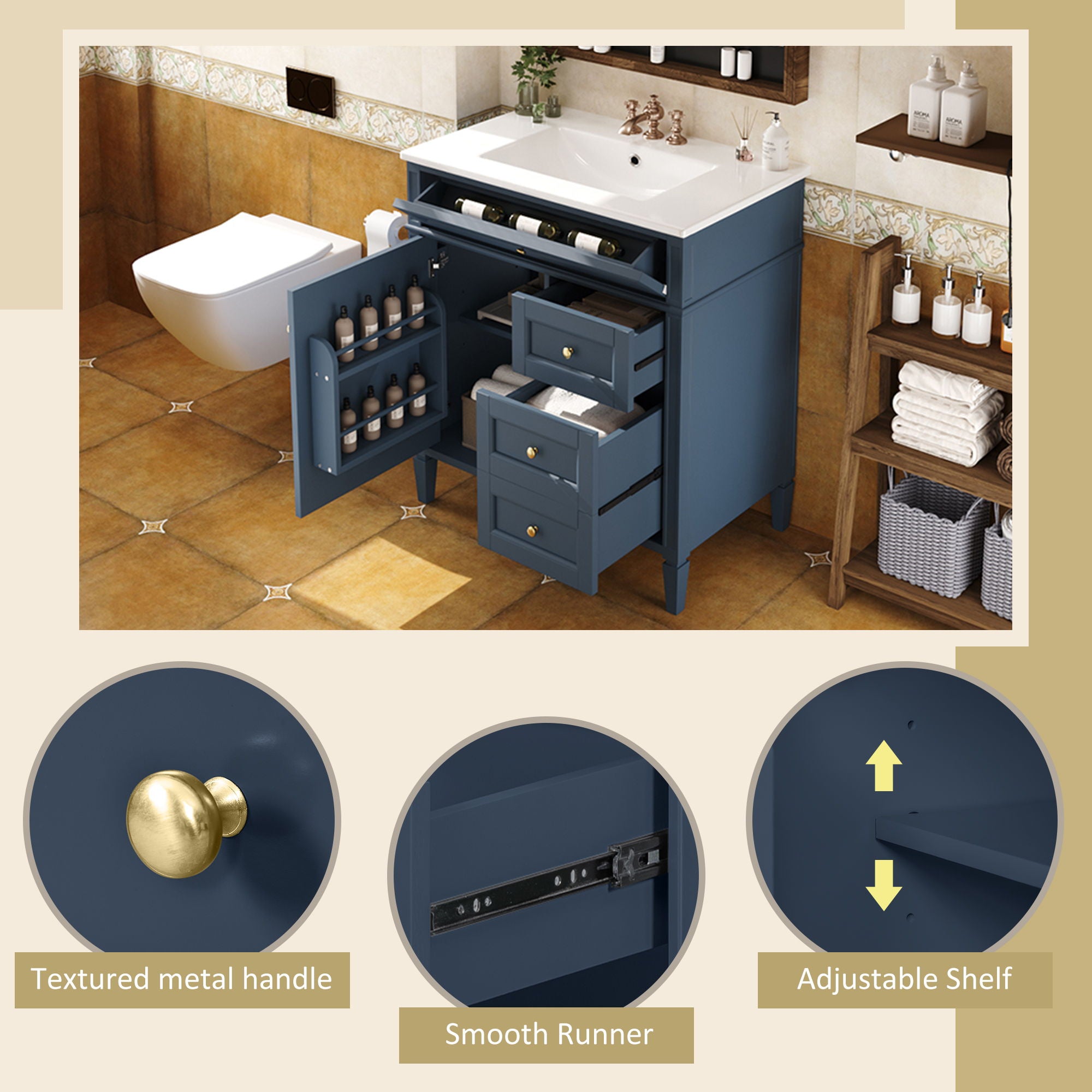 Bathroom Vanity With Top Sink, 2 Drawers & Tip Out Drawer