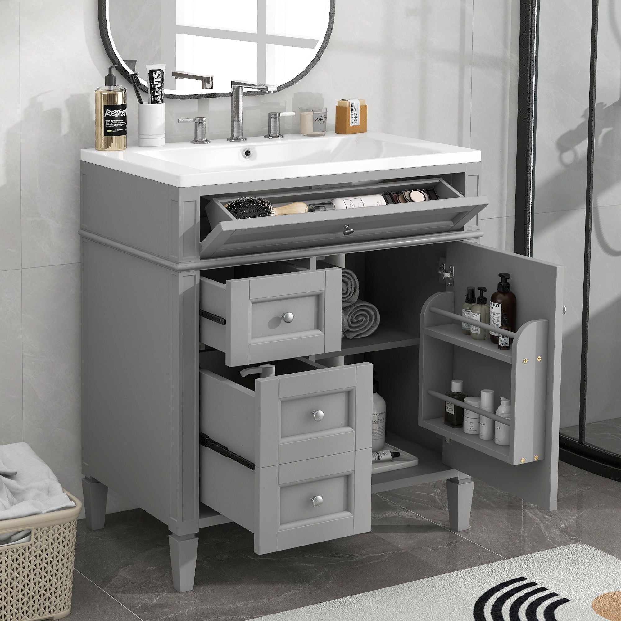 Bathroom Vanity With Top Sink, 2 Drawers And Tip Out Drawer, Rectangular Design