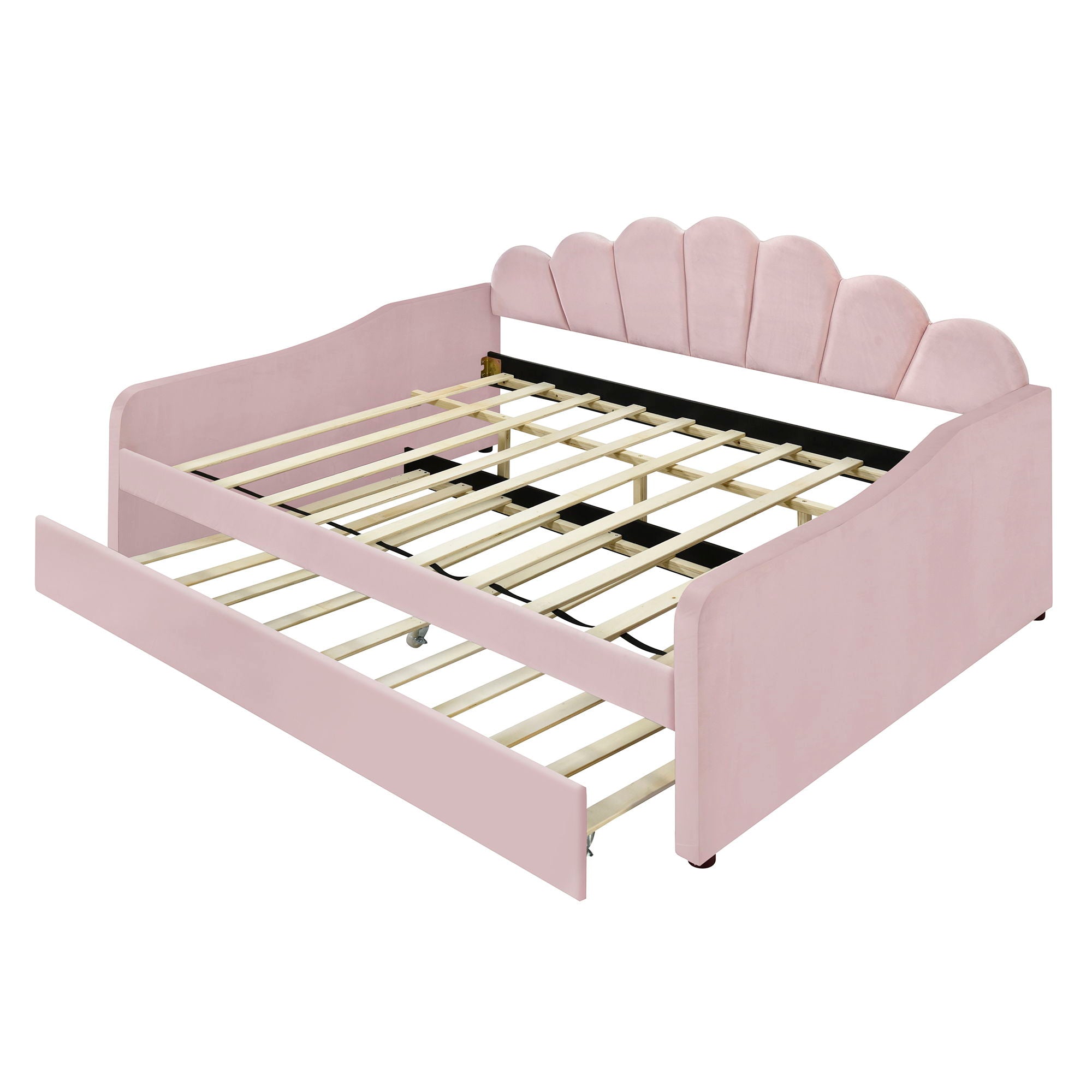 Upholstery Daybed Frame With Shell Shaped Backrest And Trundle
