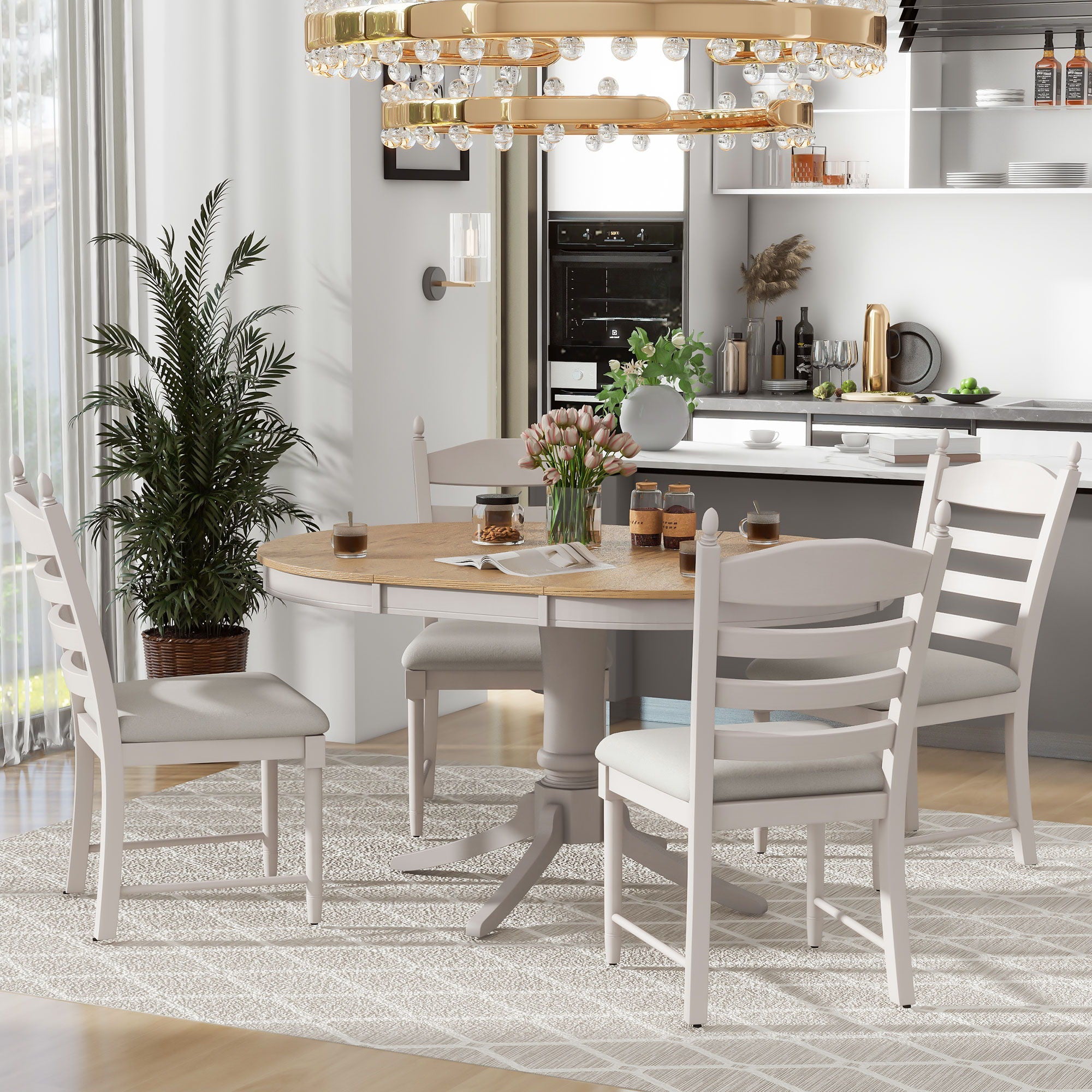 5 Piece Retro Functional Dining Table Set With Extendable Round Table And Upholstered Chairs