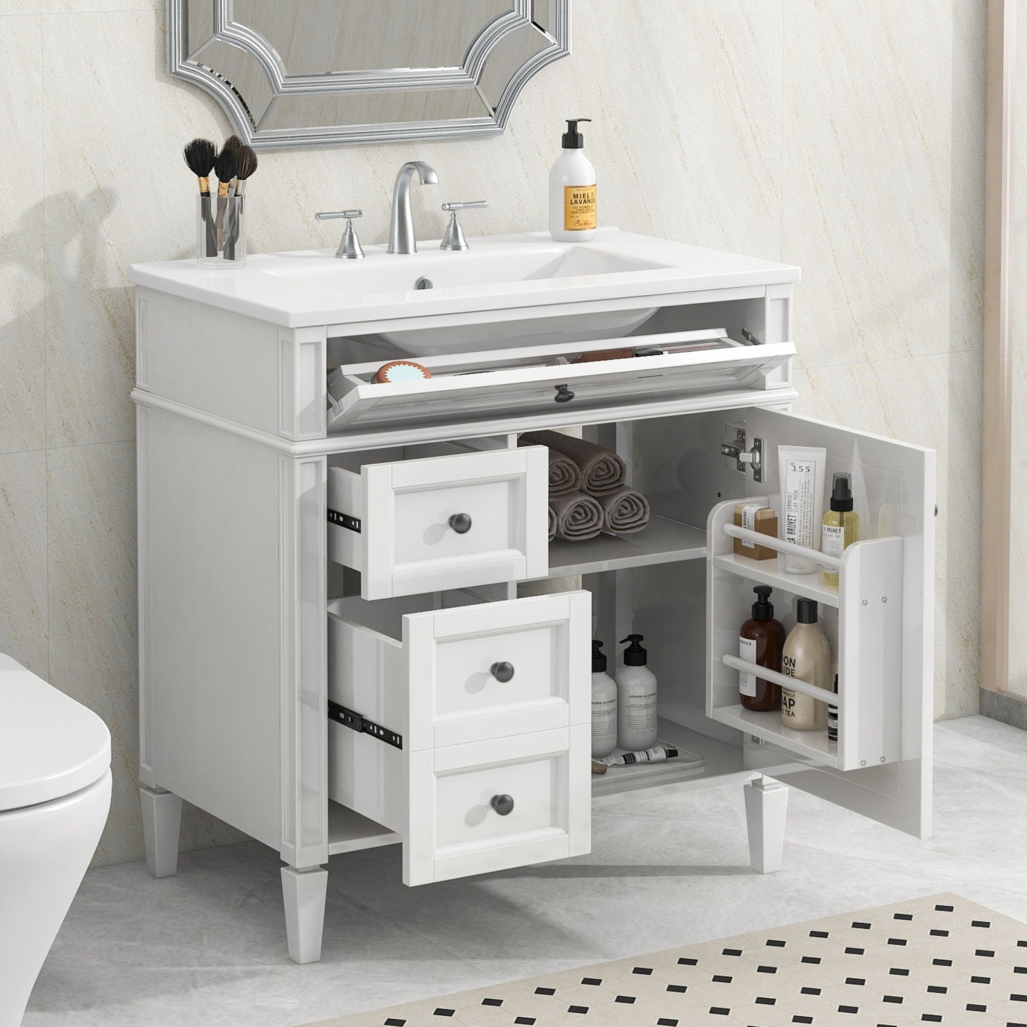 Bathroom Vanity With Top Sink, Storage Cabinet With 2 Drawers, Tip Out Drawer