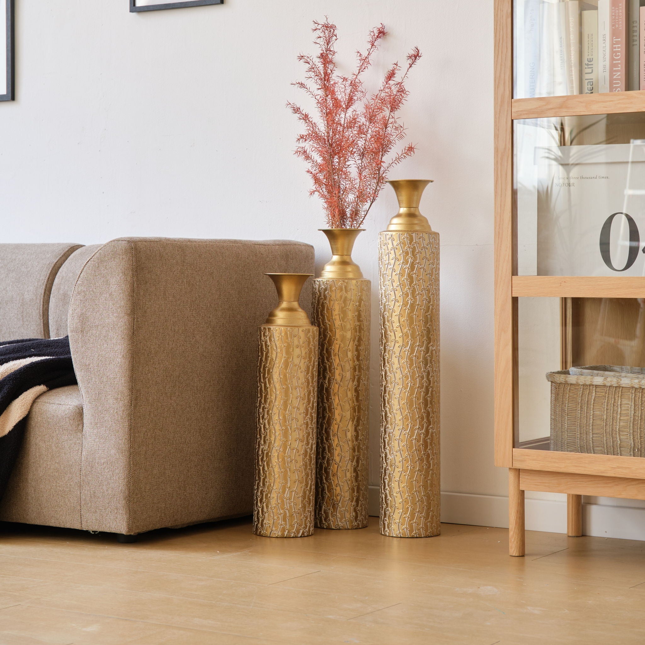 Metal Decorative Vases High Distress Metal Center Vases With Growing Vine Patterns, (Set of 3) Vases For Home Decoration - Gold - Best Buy Furniture