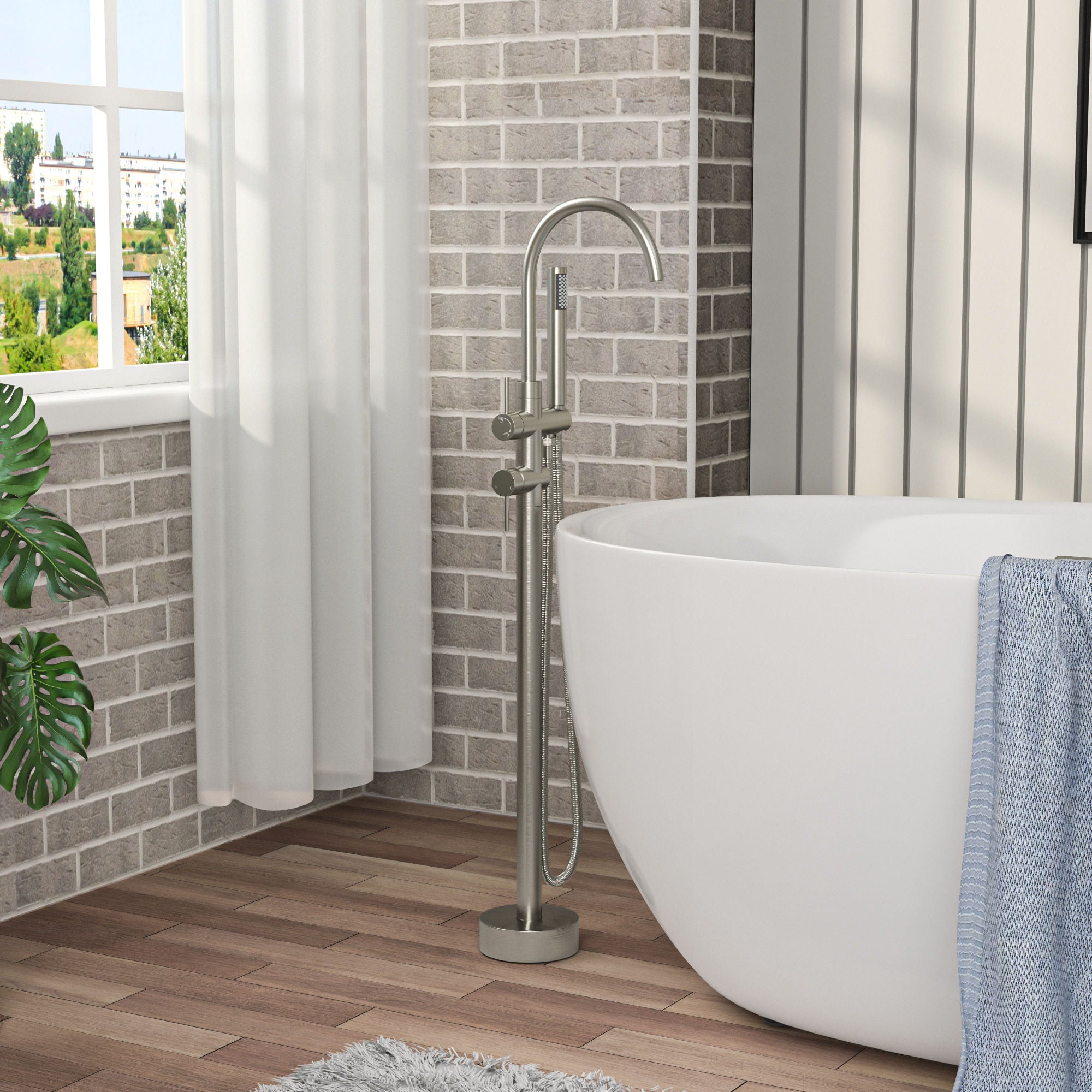 Freestanding Bathtub Faucet Floor Mount Tub Filler With Swivel Gooseneck Spout And Cylinder Handheld