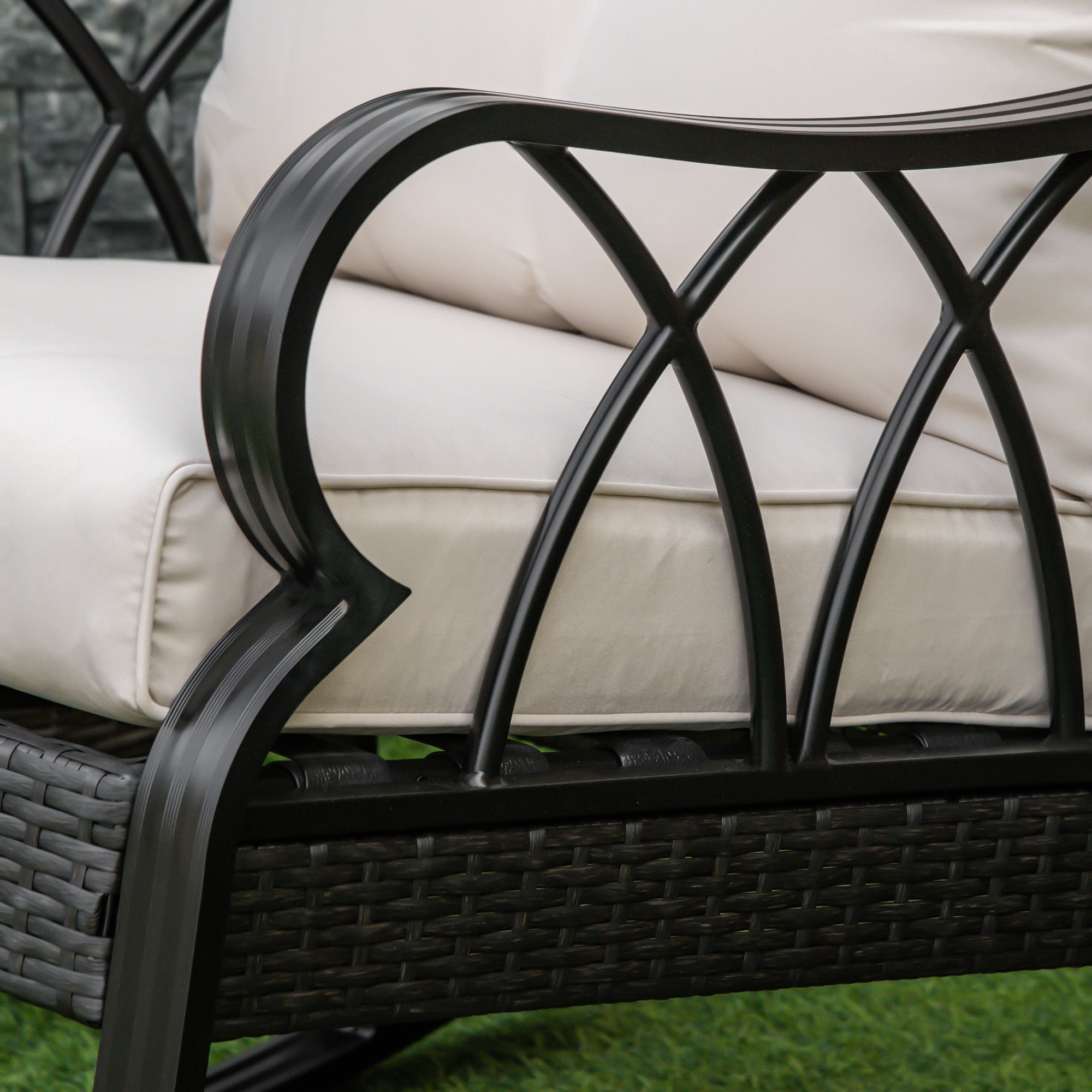 Outdoor wicker rocking chair with padded cushions, aluminum furniture rattan porch rocker chair w/ armrest