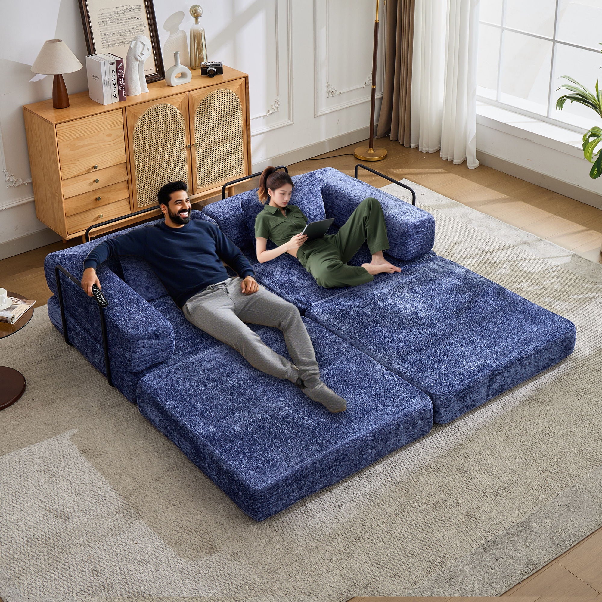 Convertible Floor Sofa Bed With Fixed Shape Frame, Loveseats Boneless Modular Sectional, For Living Room - Dark Blue