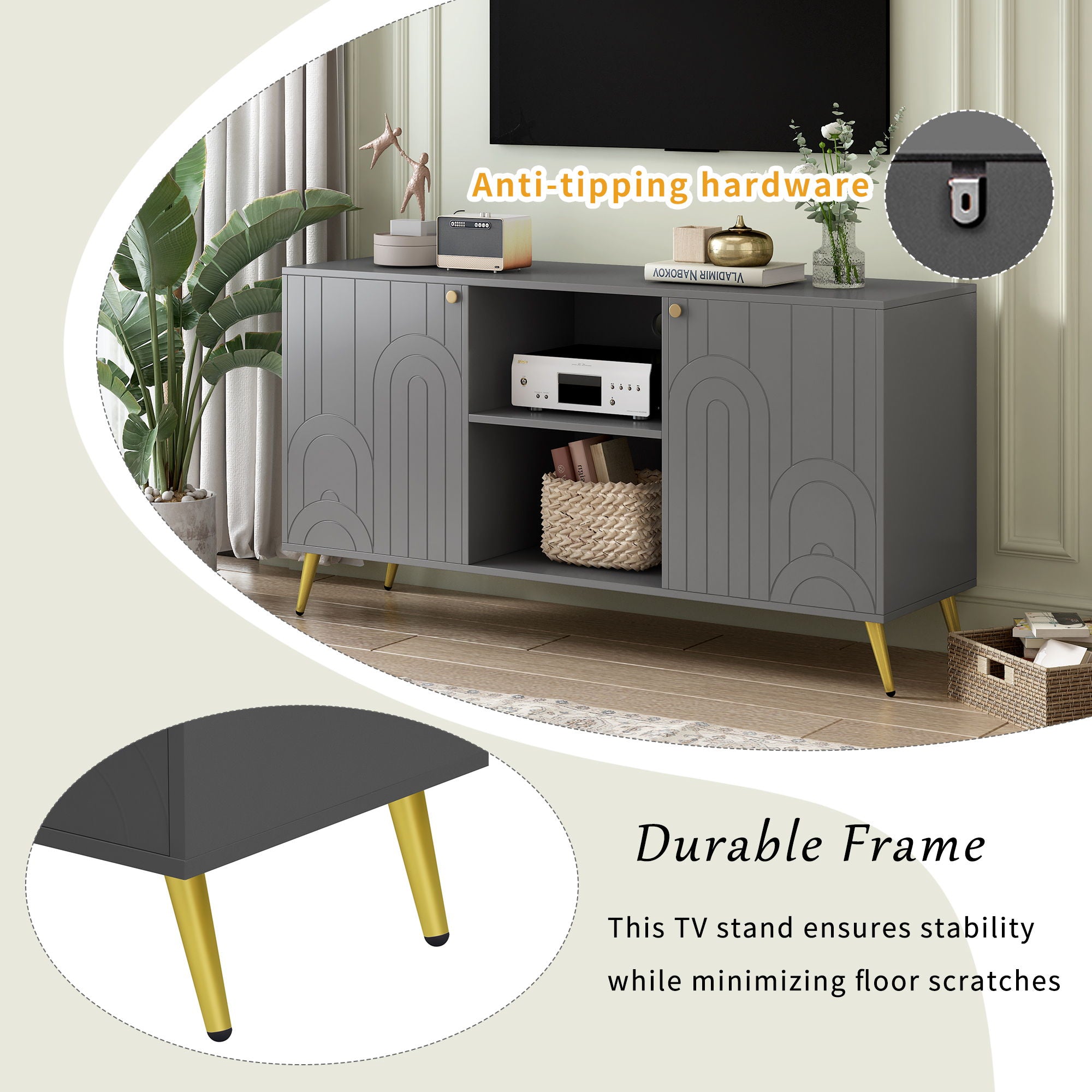 Modern TV Stand With Adjustable Shelf, Handles And Anti-Tip Device