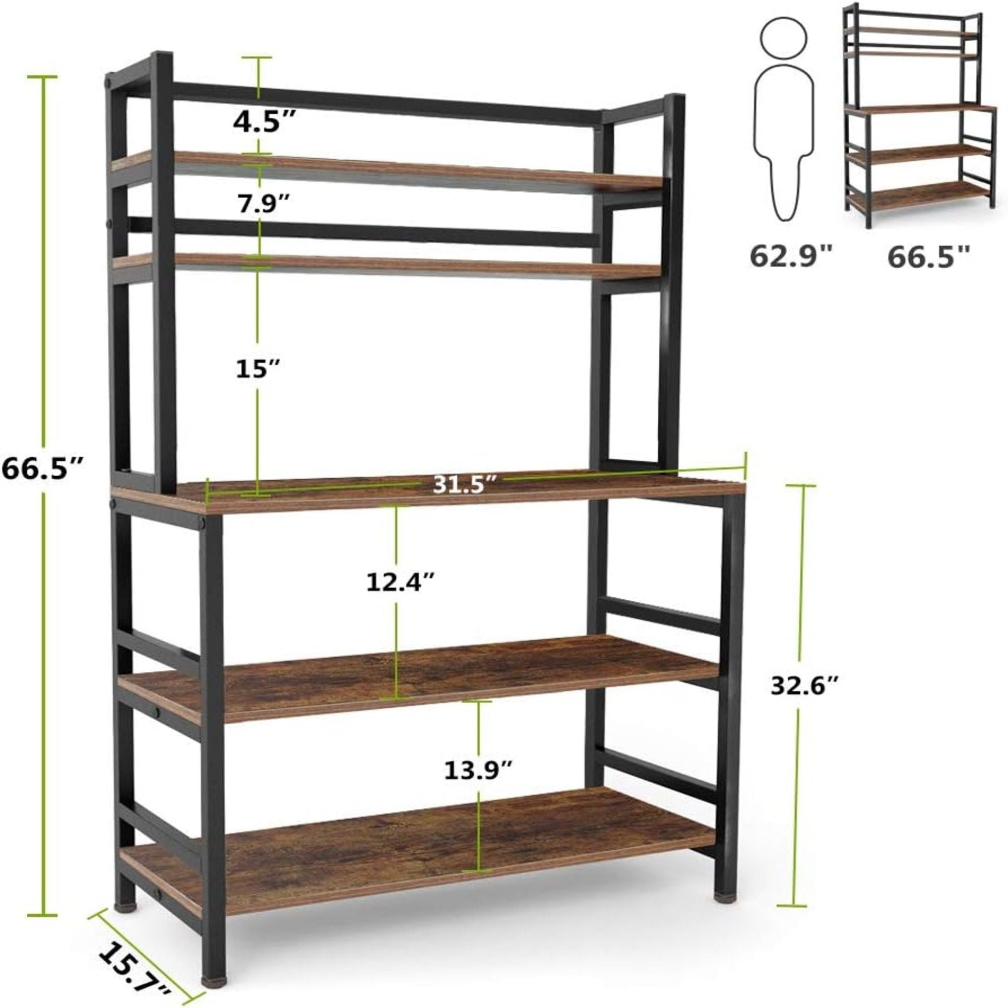 5 Tier Kitchen Bakers Rack With Hutch Microwave Stand, Freestanding Storage Organizer For Countertop - Black