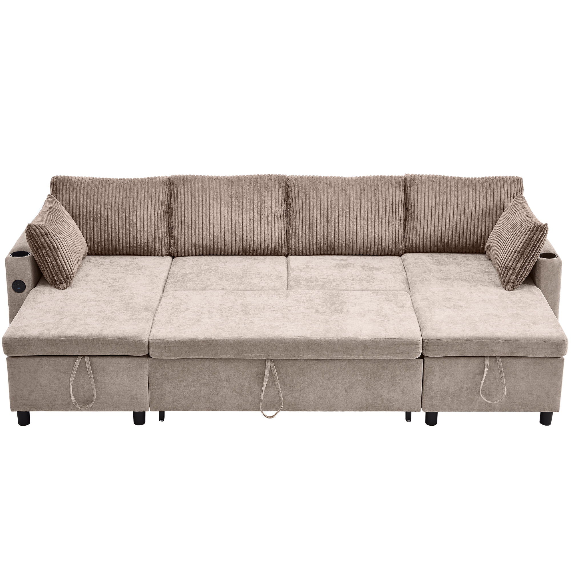 Sectional Sofa Bed With Pull Out Sleeper, USB Ports, Cup Holders