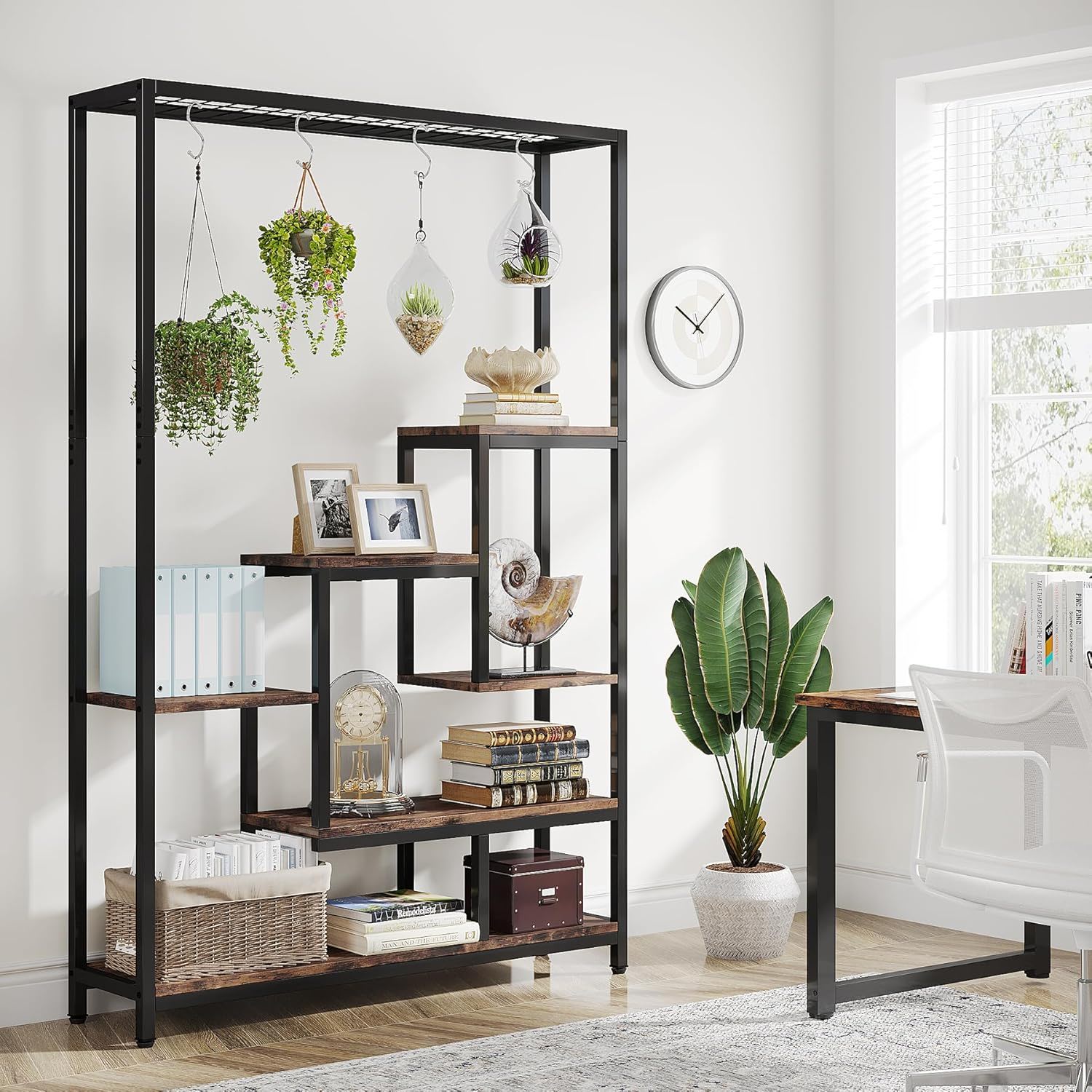 5 Tier Plant Stand With 6 Hooks For Living Room - Brown / Black