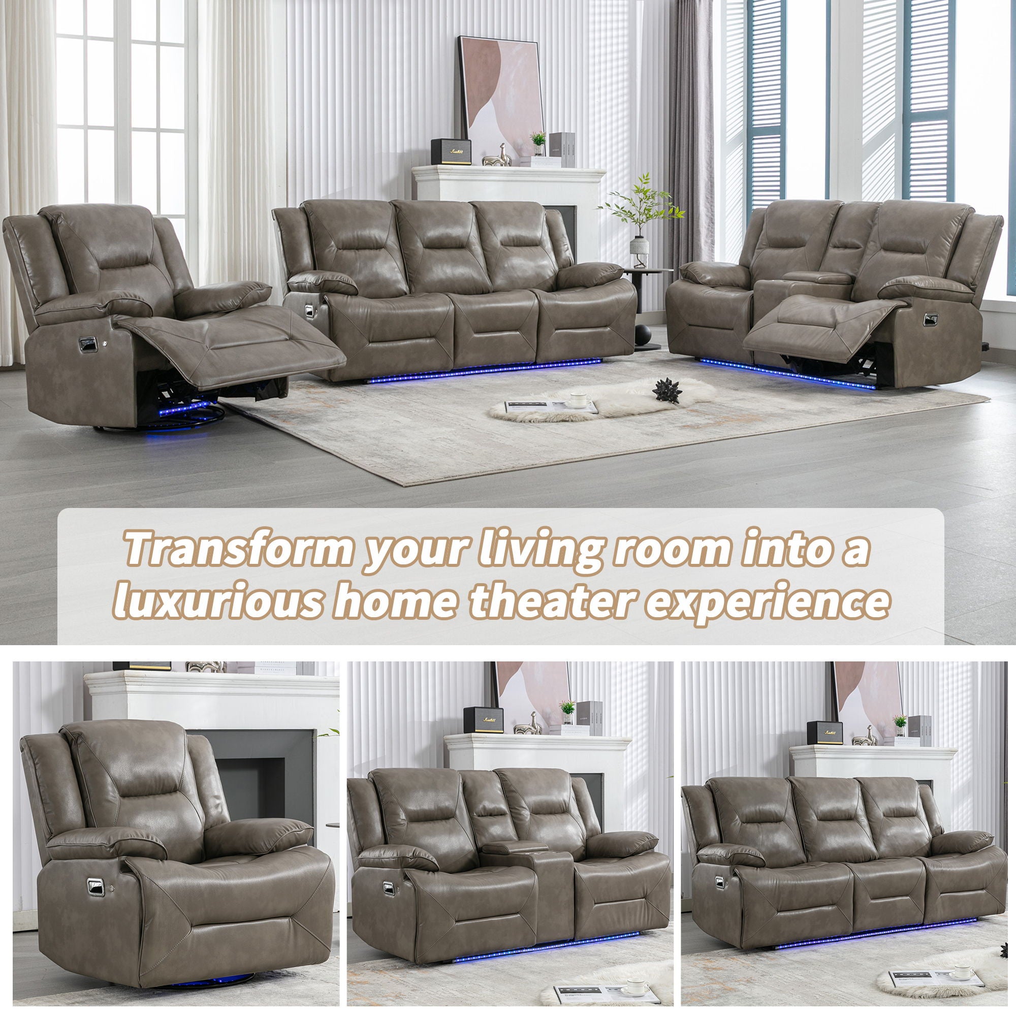 2 Seater Home Theater Recliner Manual Recliner Chair With A LED Light Strip Two Cup Holders And A Storage Box For Living Room