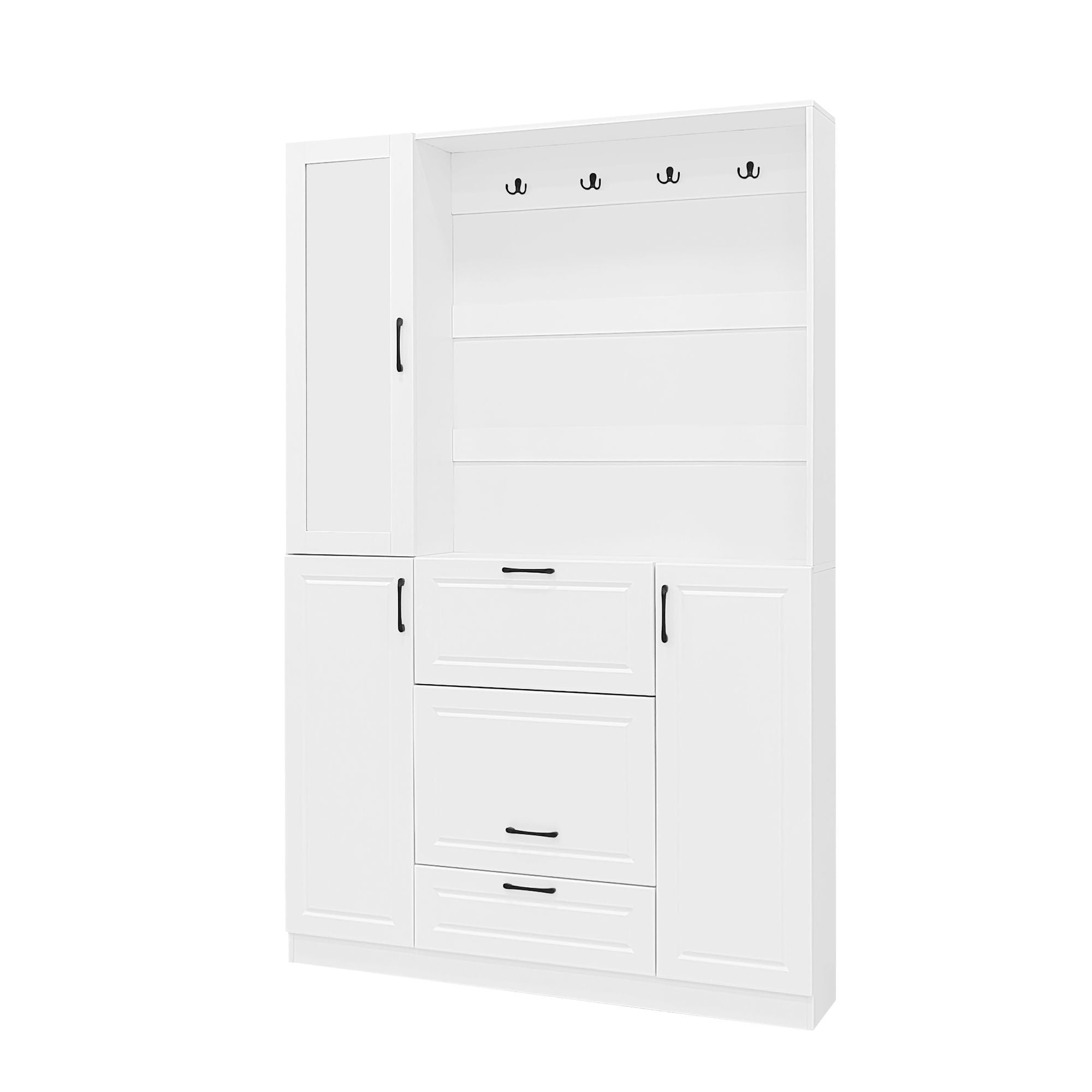 Entryway Bench With Integrated Shoe Cabinet, 3 In 1 Design And Mirrored Cabinet Door, Hall Tree With 4 Sturdy Hooks And Foldable Seat For Entrance, Living Room - White